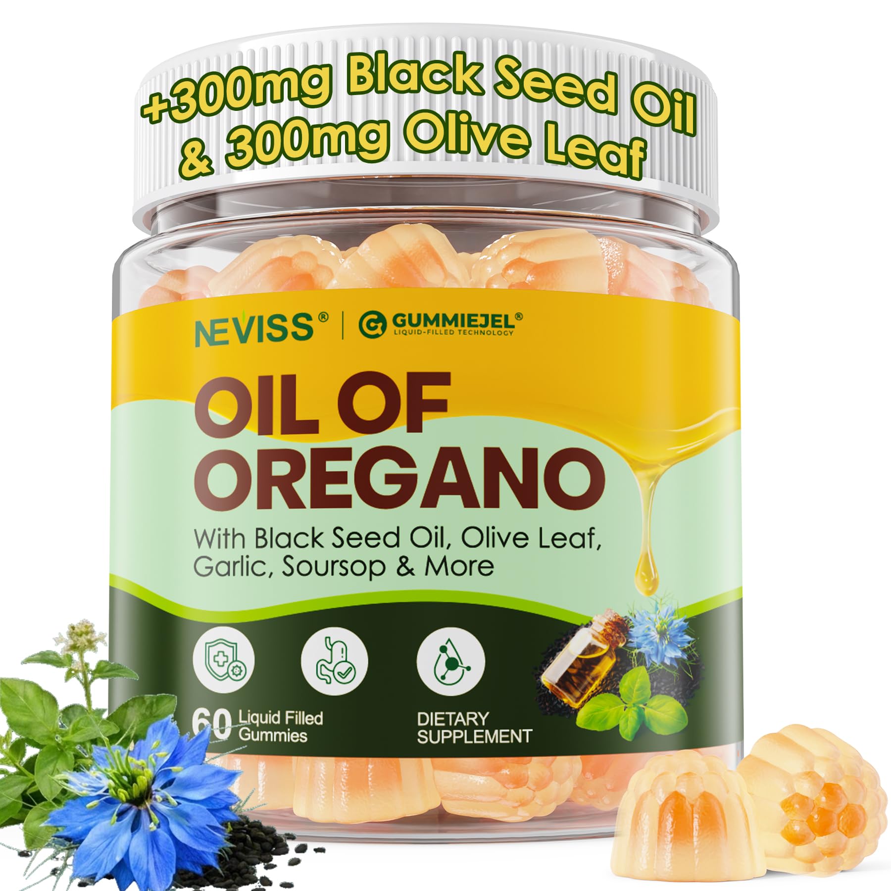 NEVISS Oregano Oil Gummies front view packaging