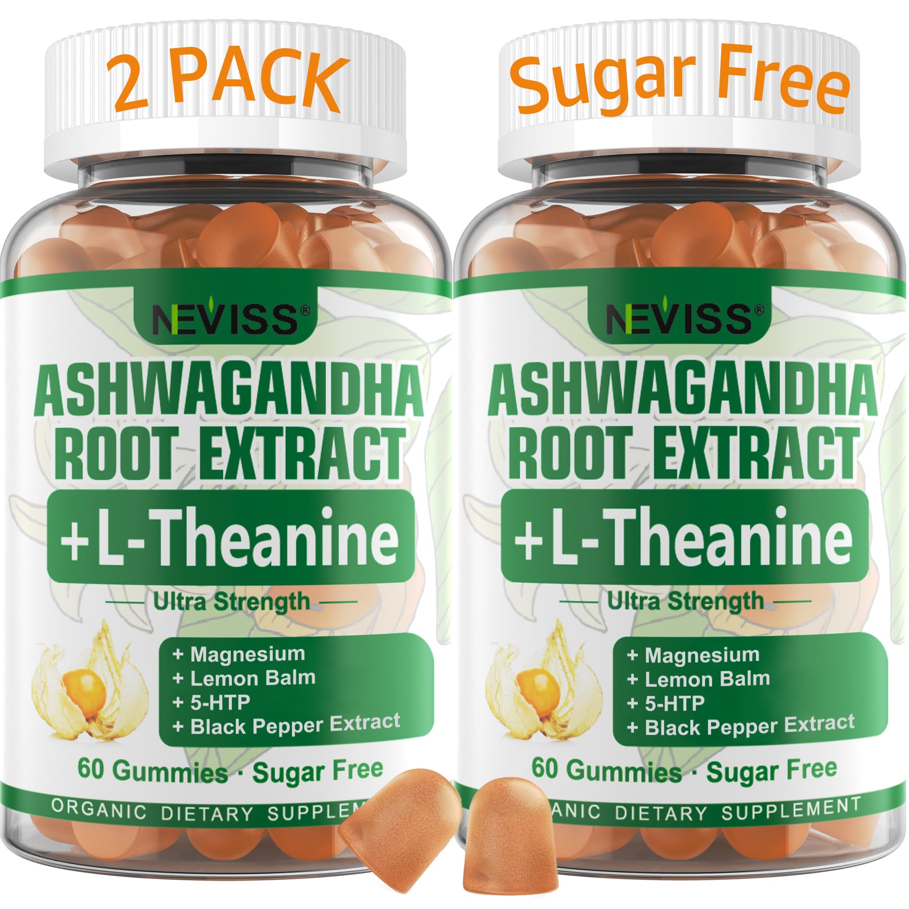NEVISS Organic Ashwagandha Gummies front view with packaging