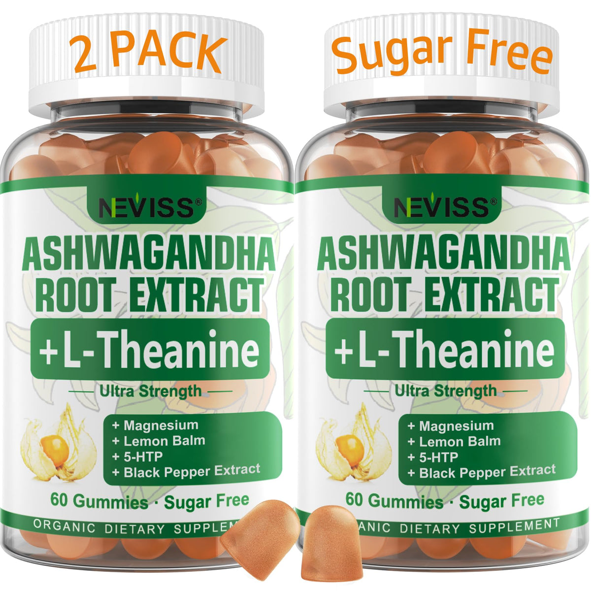 NEVISS Organic Ashwagandha Gummies front view with packaging