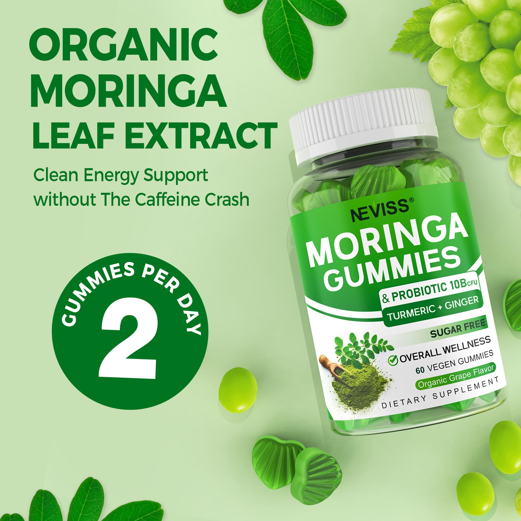 NEVISS Organic Moringa Gummies on a wooden table