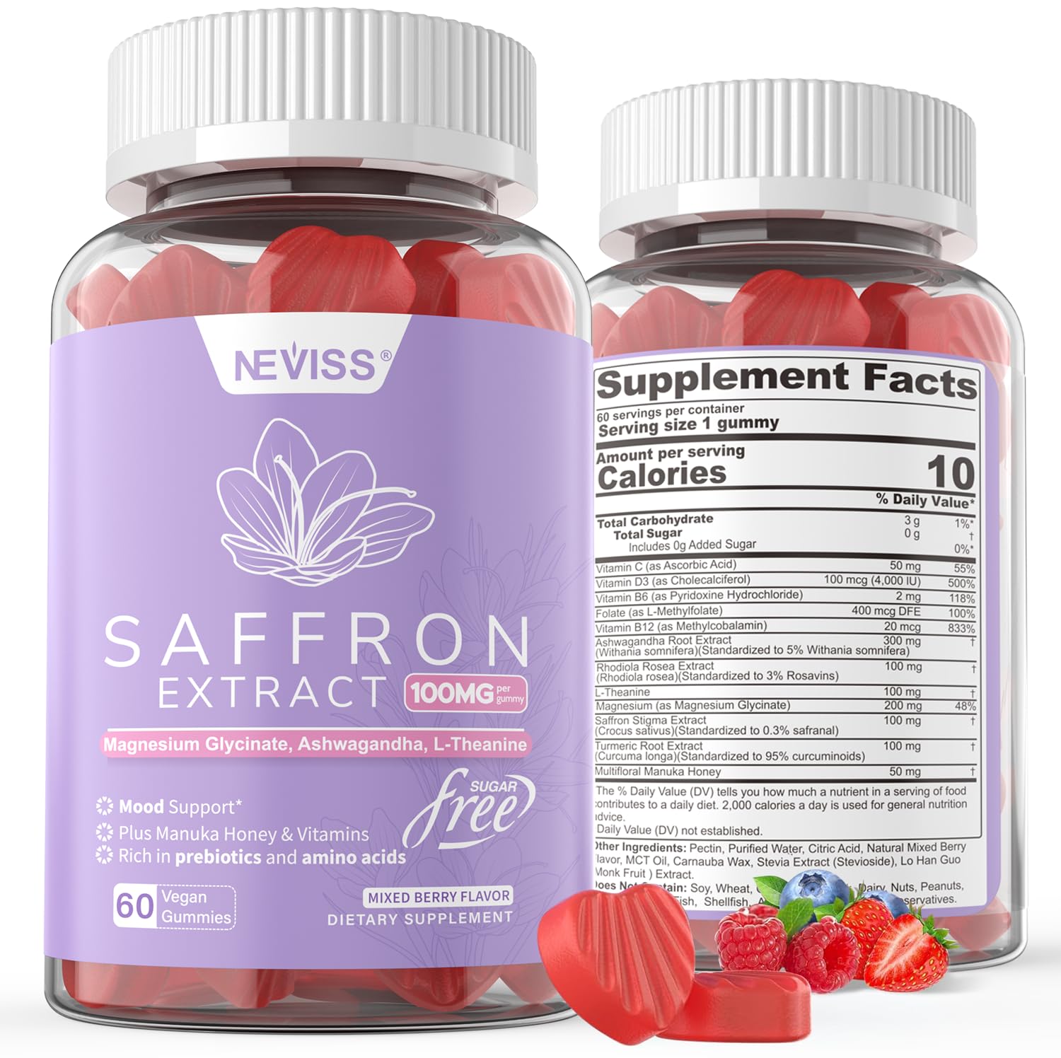NEVISS Organic Saffron Extract Gummies front view with packaging