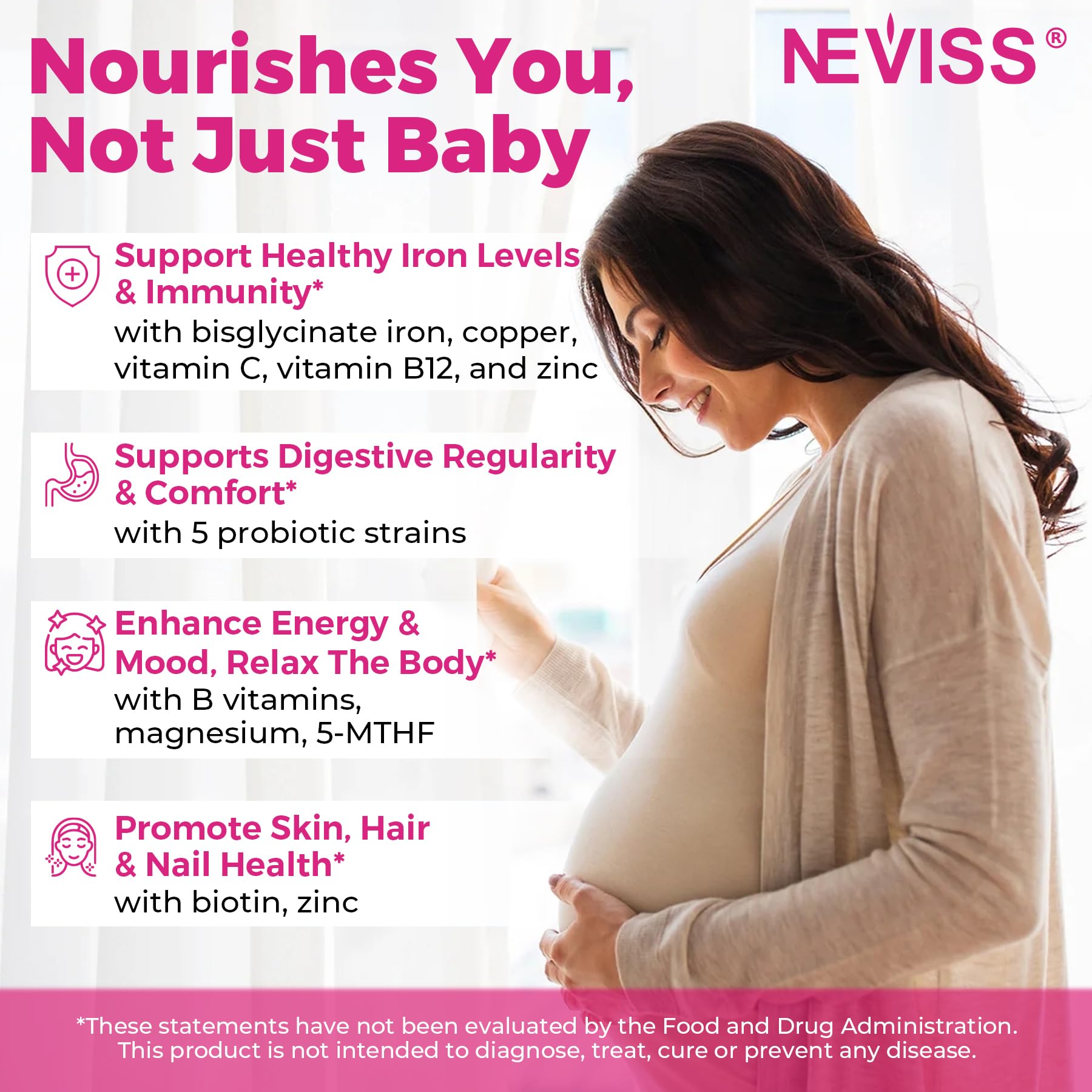 NEVISS Prenatal Gummies on a wooden table