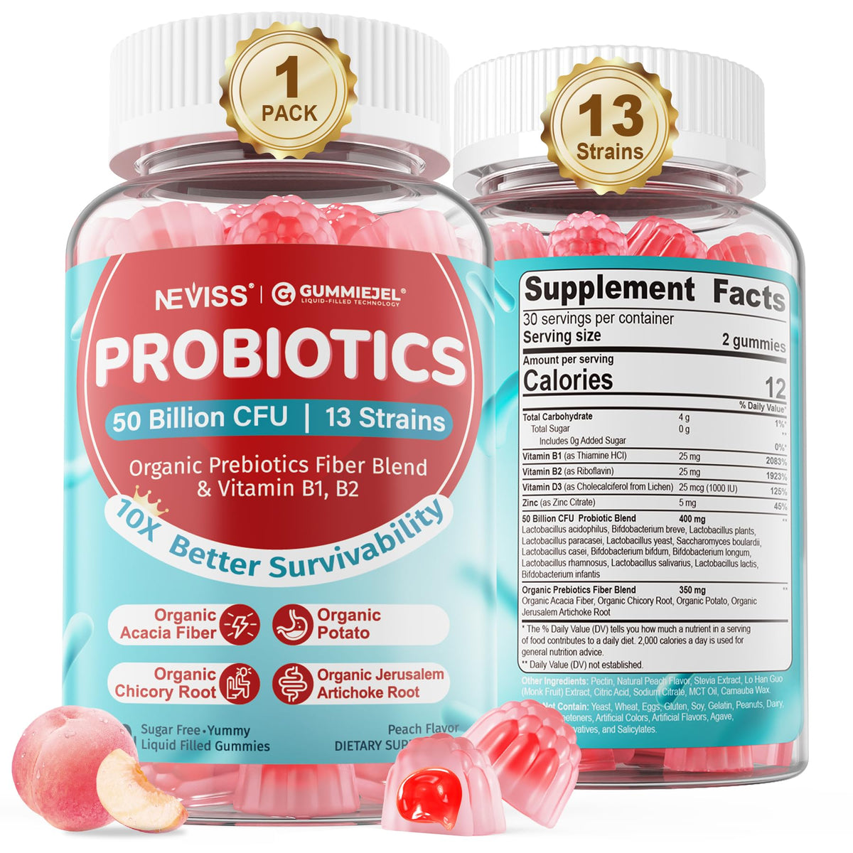 NEVISS Probiotic Gummies 60 Count Peach Flavour front view