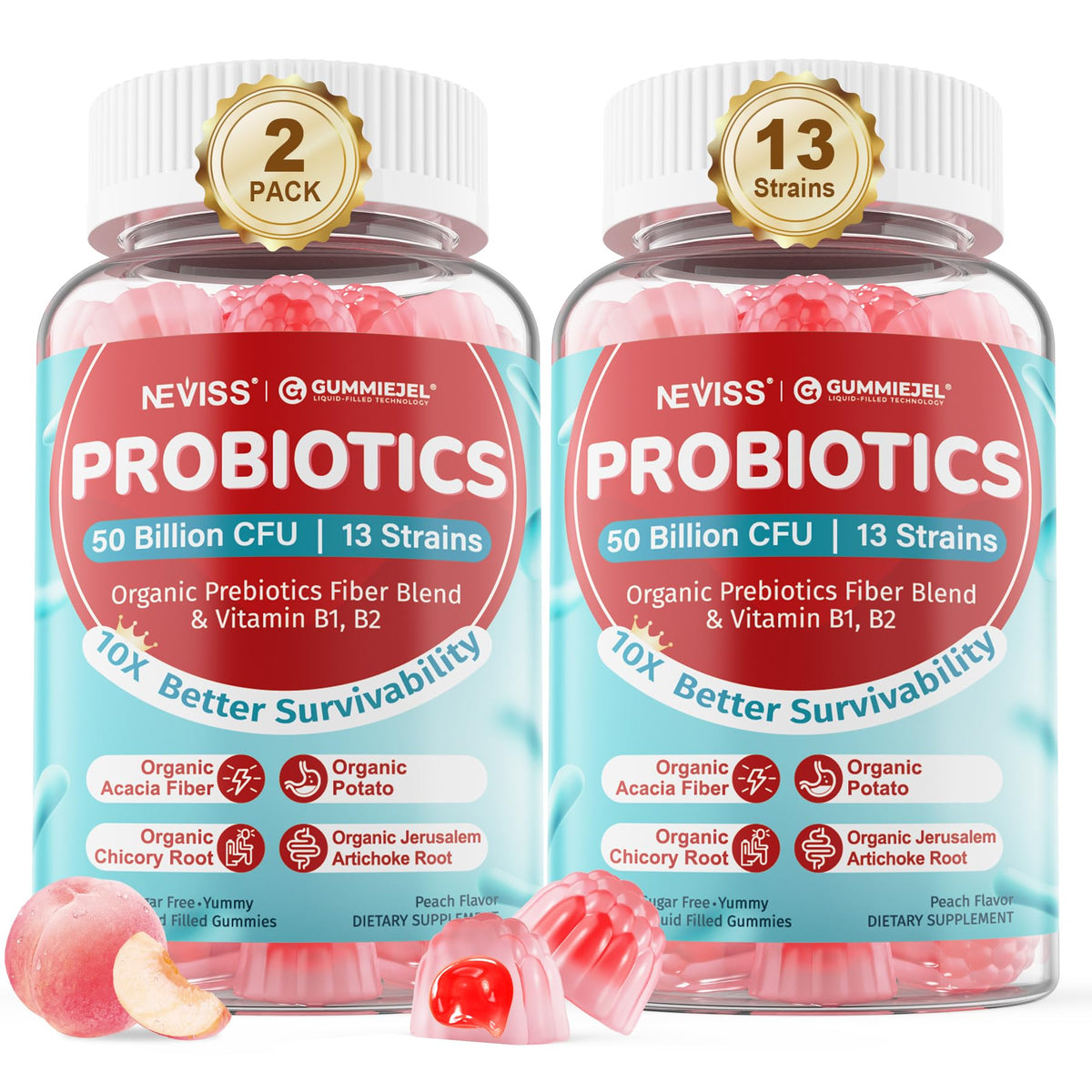 NEVISS Probiotic Gummies front view with peach flavour