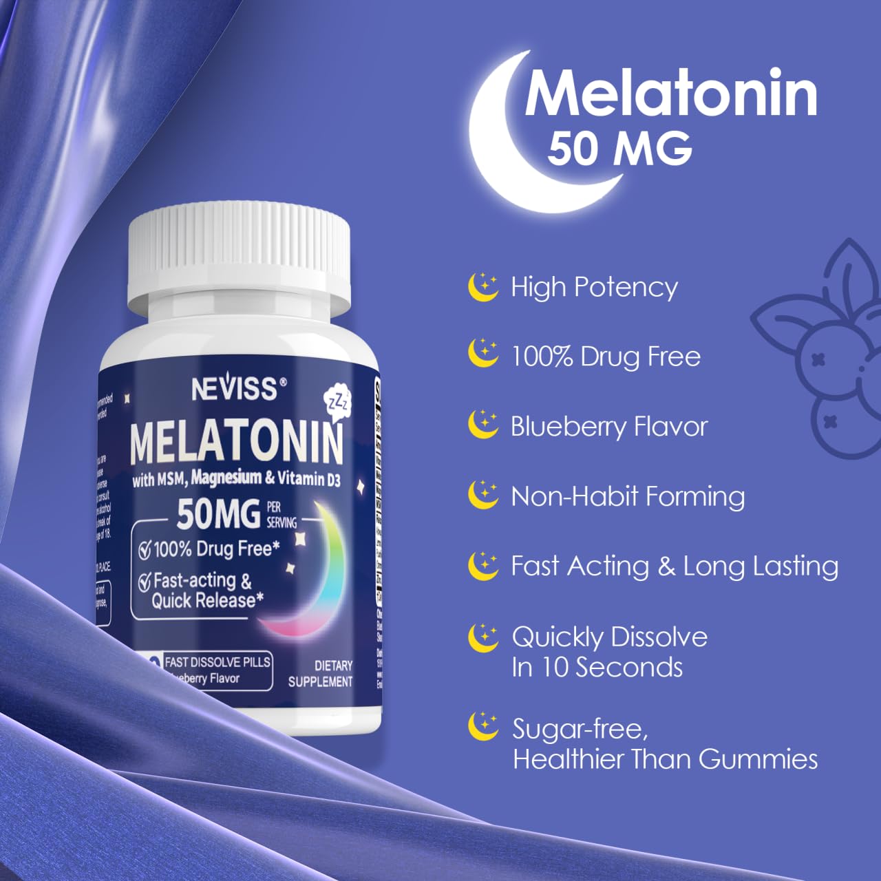 NEVISS Sleep Supplement 50mg Melatonin on a bedside table