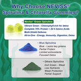 NEVISS Spirulina & Chlorella Gummies displayed on a wooden table
