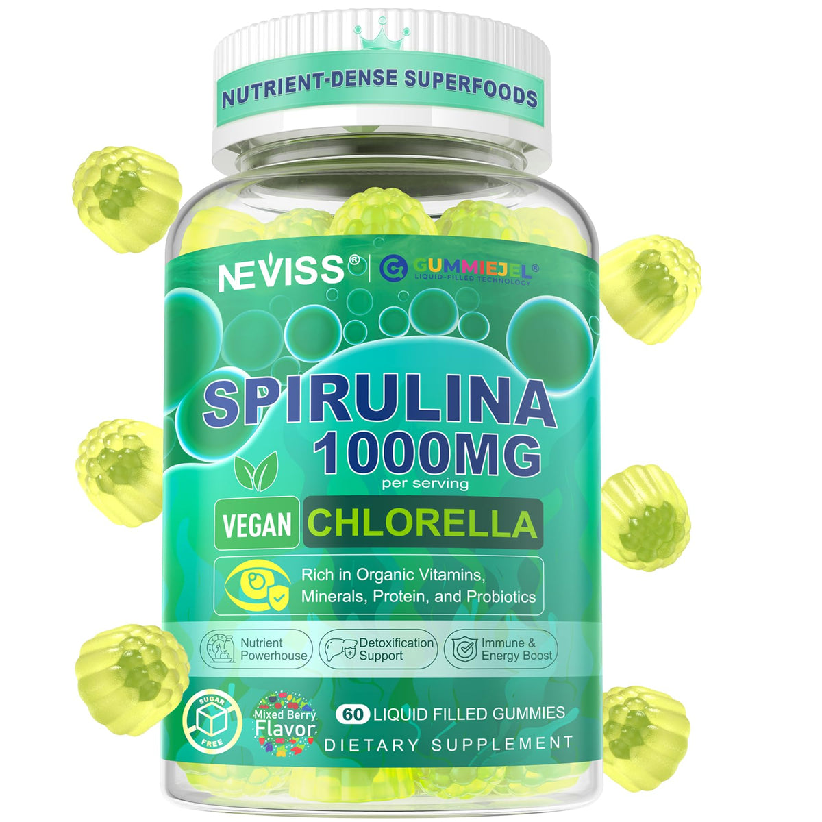 NEVISS Spirulina & Chlorella Gummies front view packaging