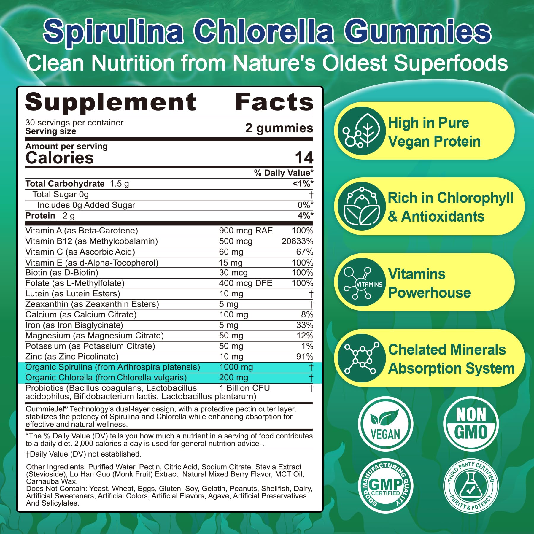NEVISS Spirulina & Chlorella Gummies side view with nutritional information
