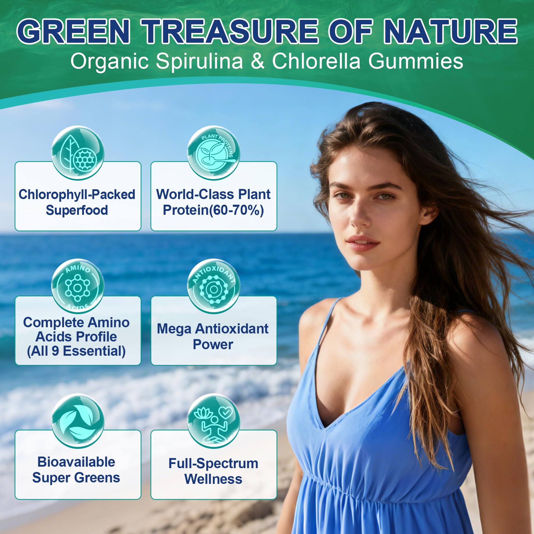 NEVISS Spirulina & Chlorella Gummies with fresh greens background