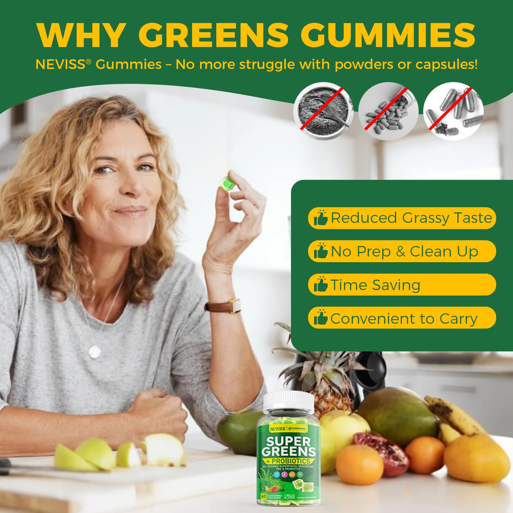 NEVISS Spirulina Gummies with fresh fruits