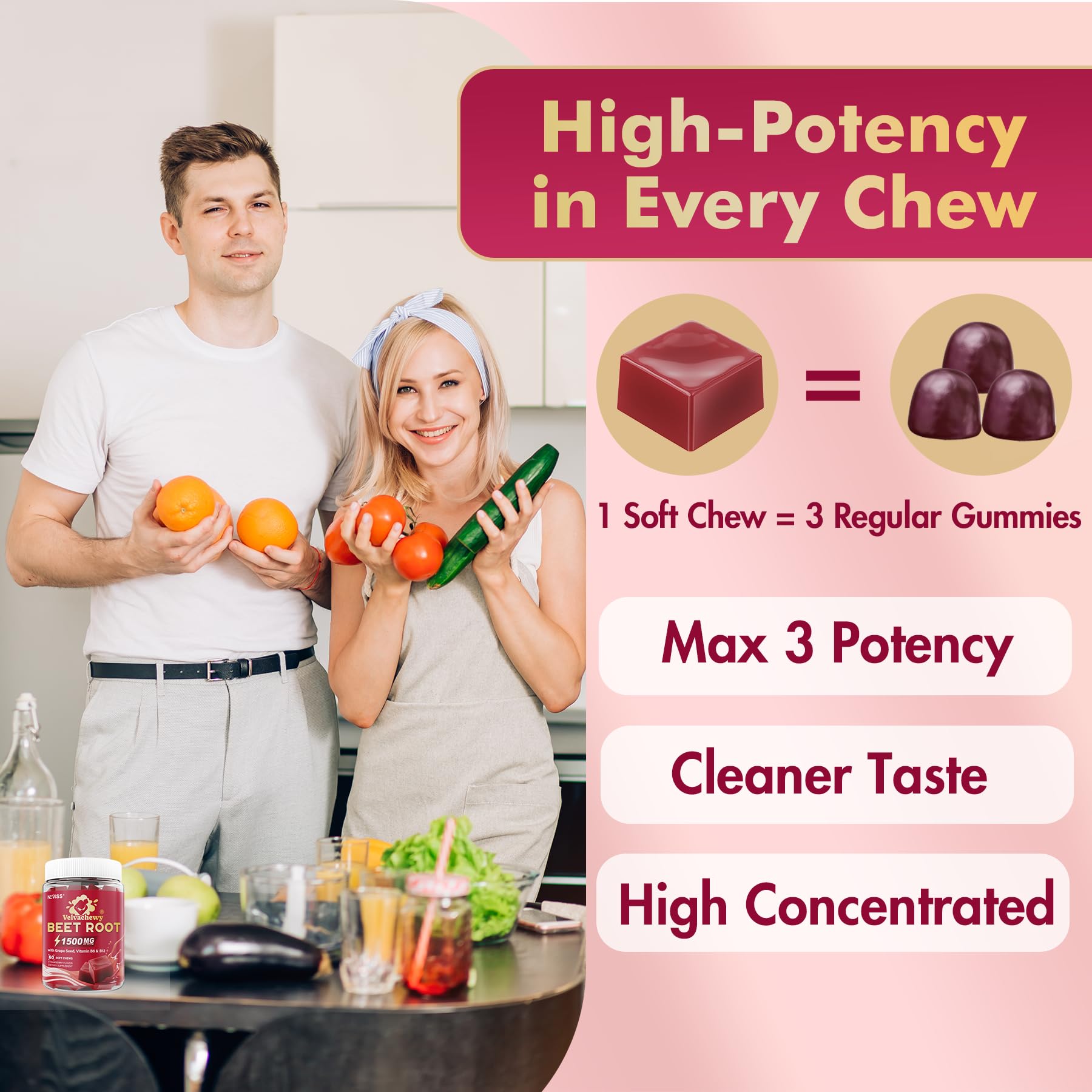NEVISS Super Beet Chews on a kitchen counter