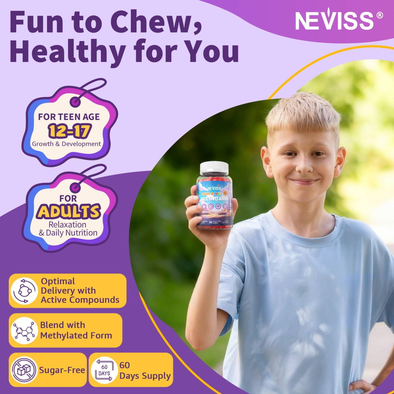 NEVISS Teen Multivitamin Gummies strawberry flavour close-up
