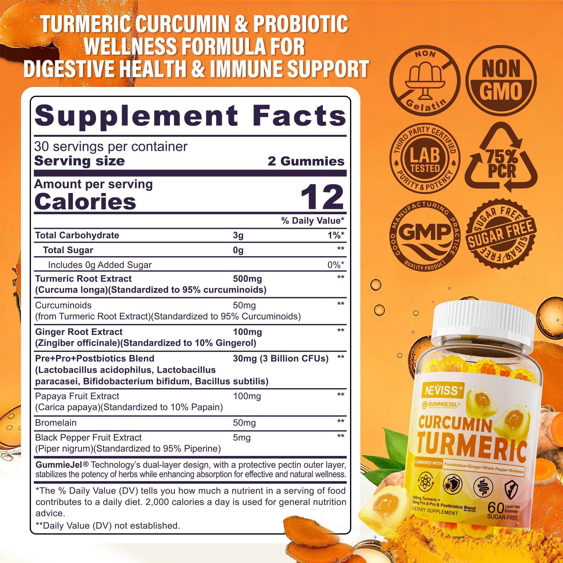 NEVISS Turmeric Gummies 500mg side view showing gummy texture