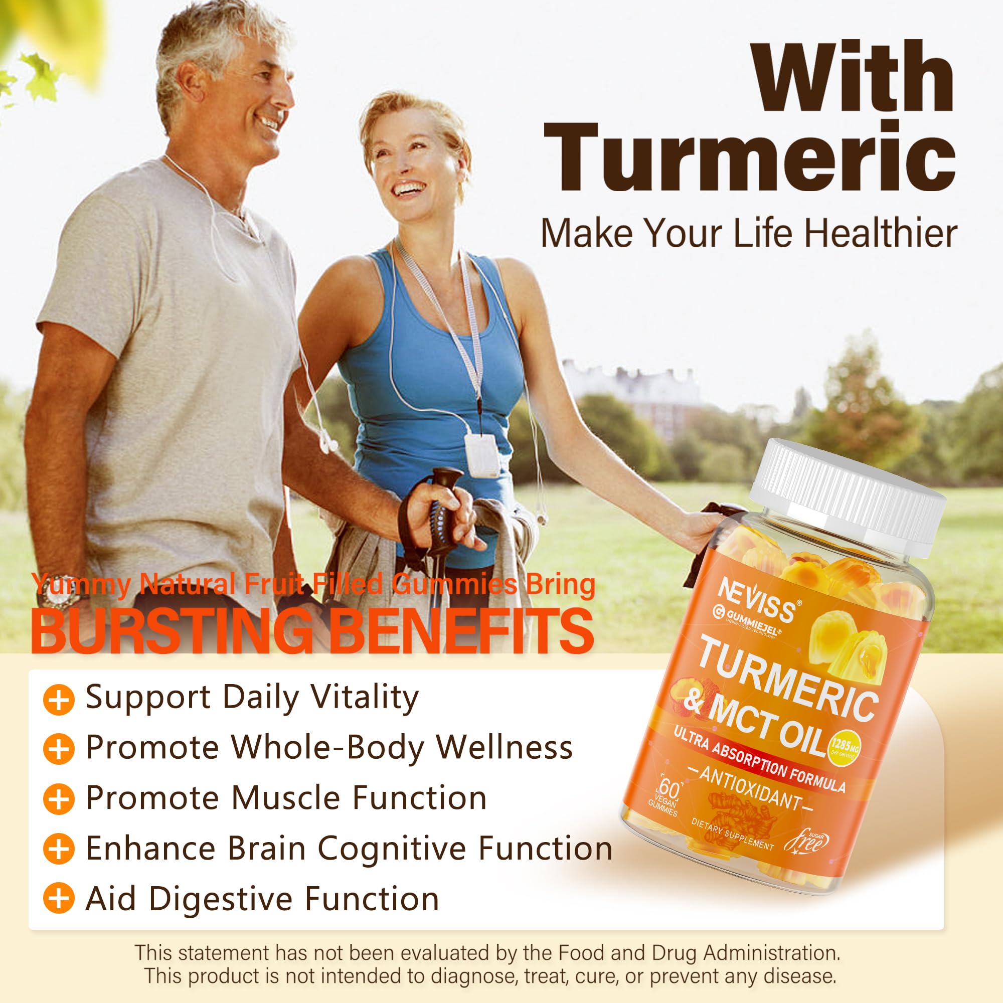 NEVISS Turmeric Gummies displayed on a wooden table