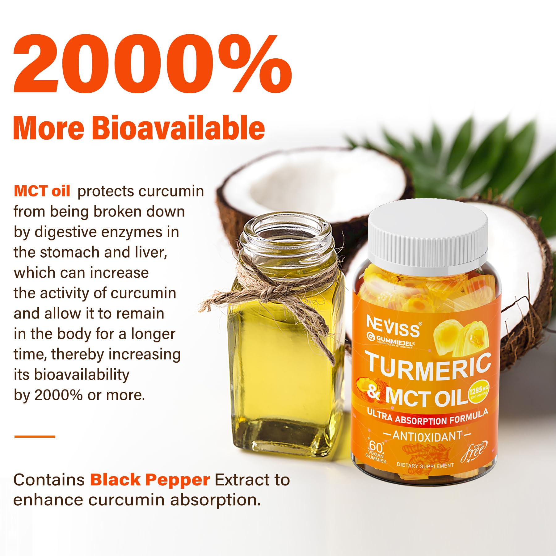 NEVISS Turmeric Gummies displayed with MCT oil