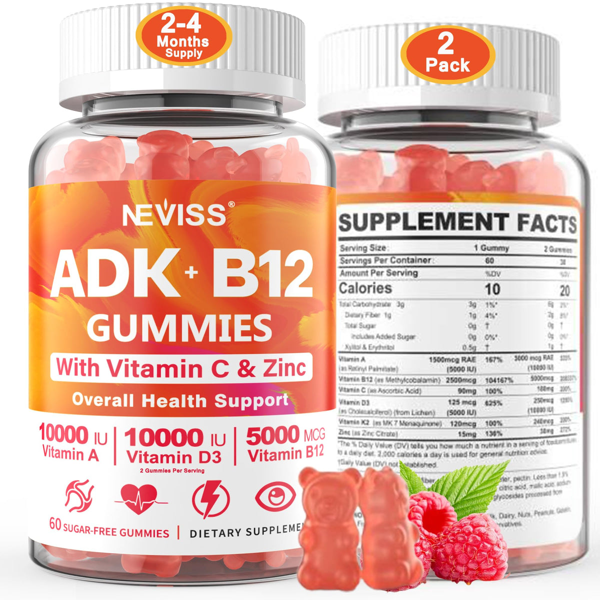 NEVISS Vitamin ADK with B12 Gummies front view, raspberry flavour