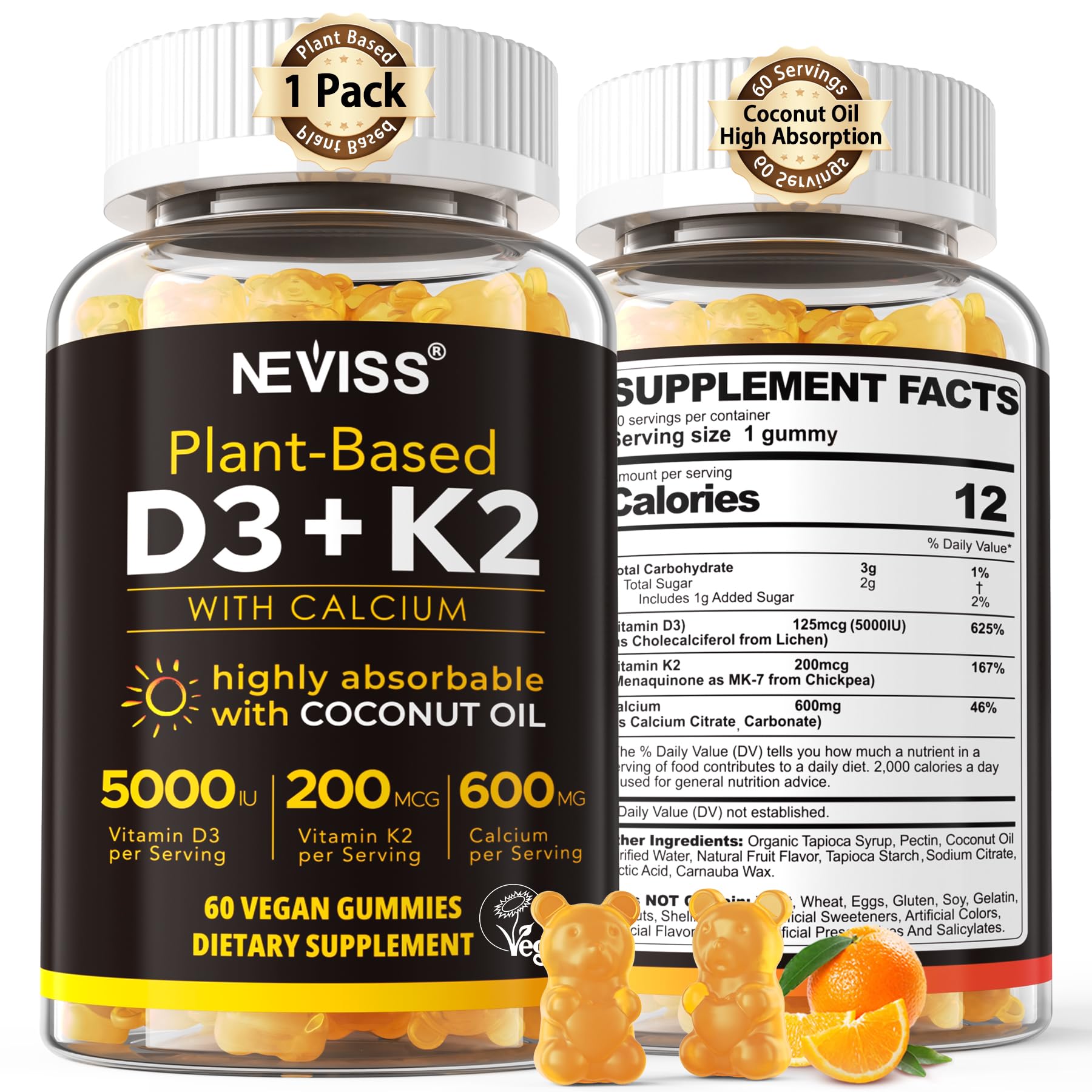 NEVISS Vitamin D3 K2 Calcium Gummies front view with packaging