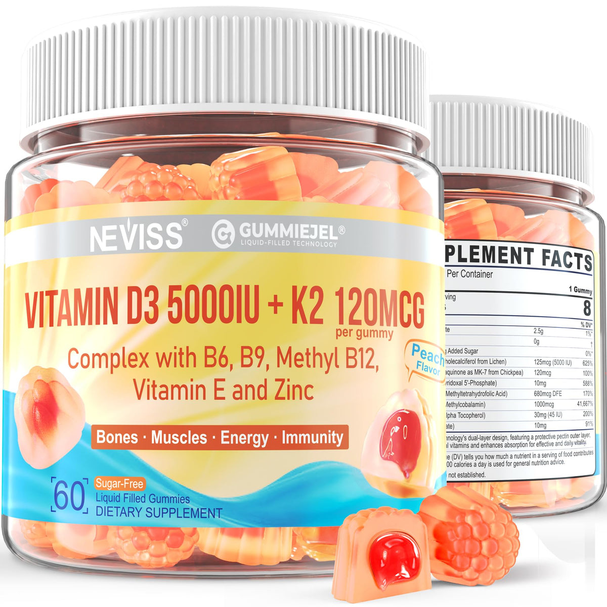 NEVISS Vitamin D3 + K2 Gummies front view with packaging