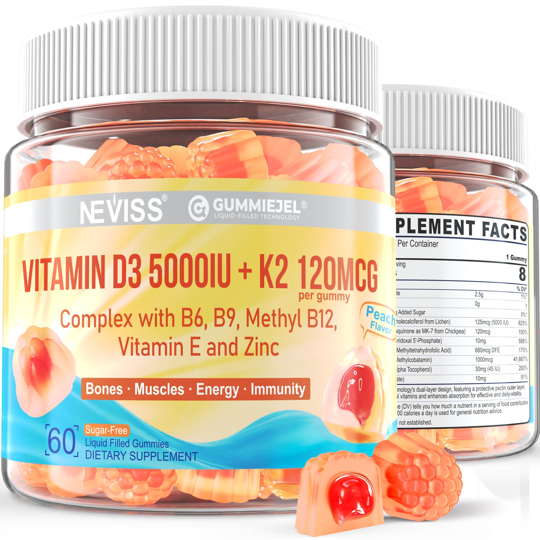 NEVISS Vitamin D3 + K2 Gummies front view with packaging