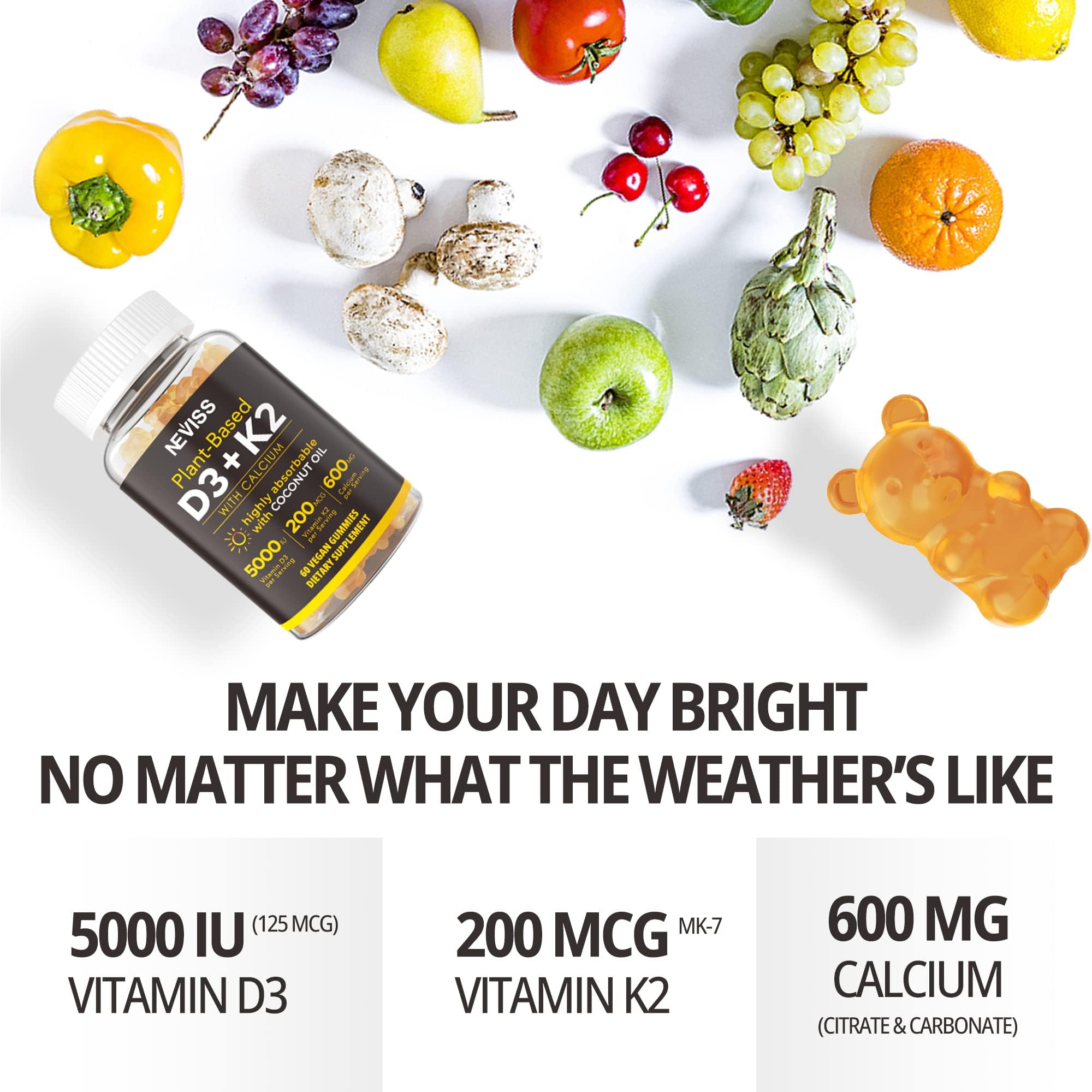 NEVISS Vitamin D3K2 Gummies 5000IU with fresh oranges