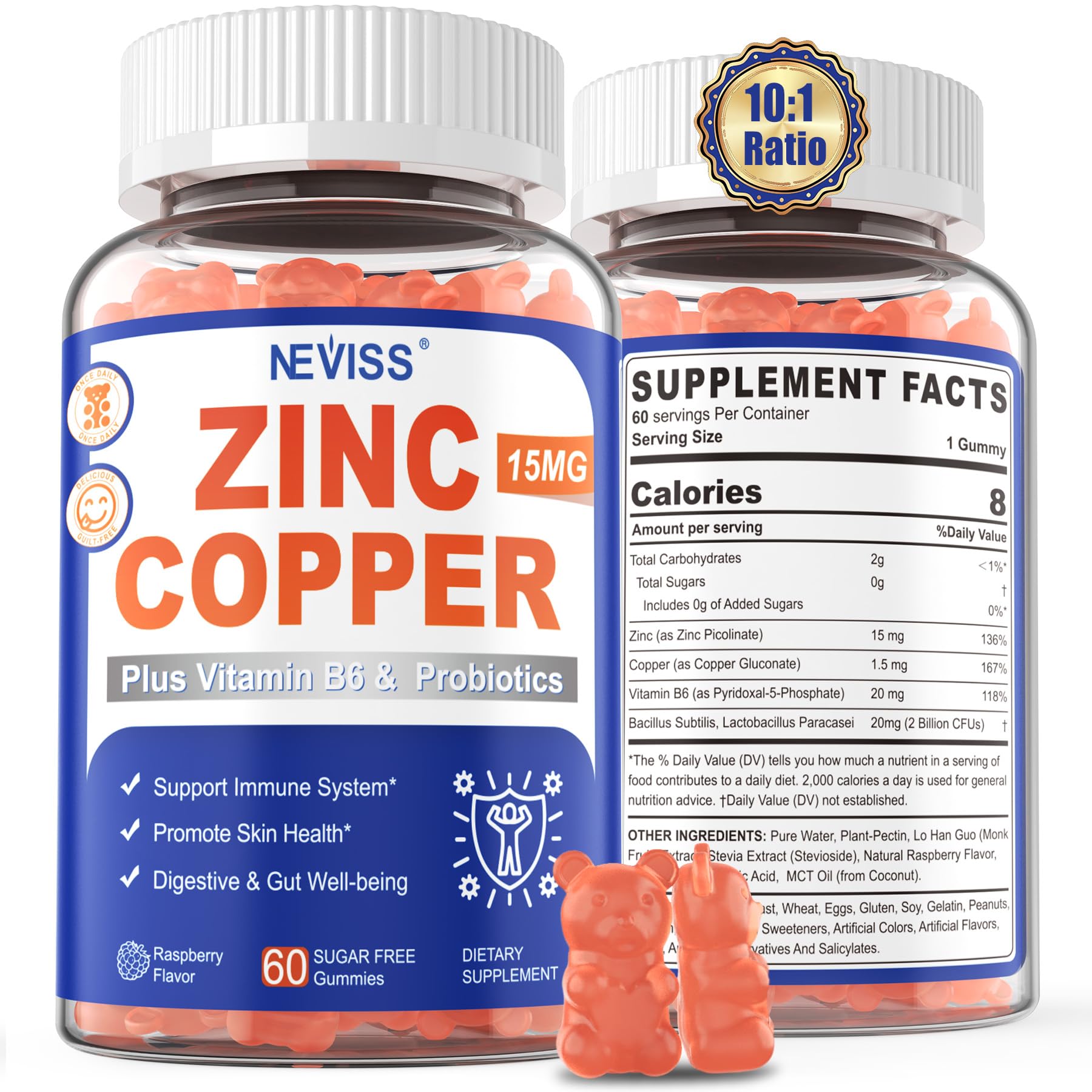 NEVISS Zinc Copper Supplements 15mg Zinc Picolinate gummy front view