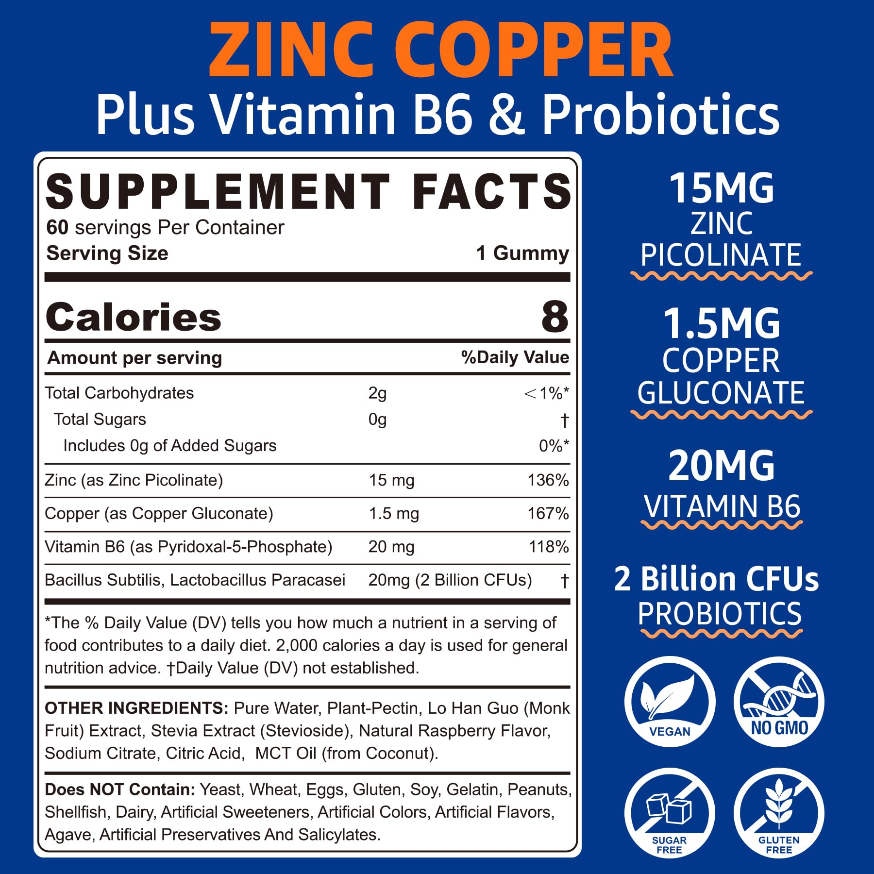 NEVISS Zinc Copper Supplements 60 gummies bottle side view