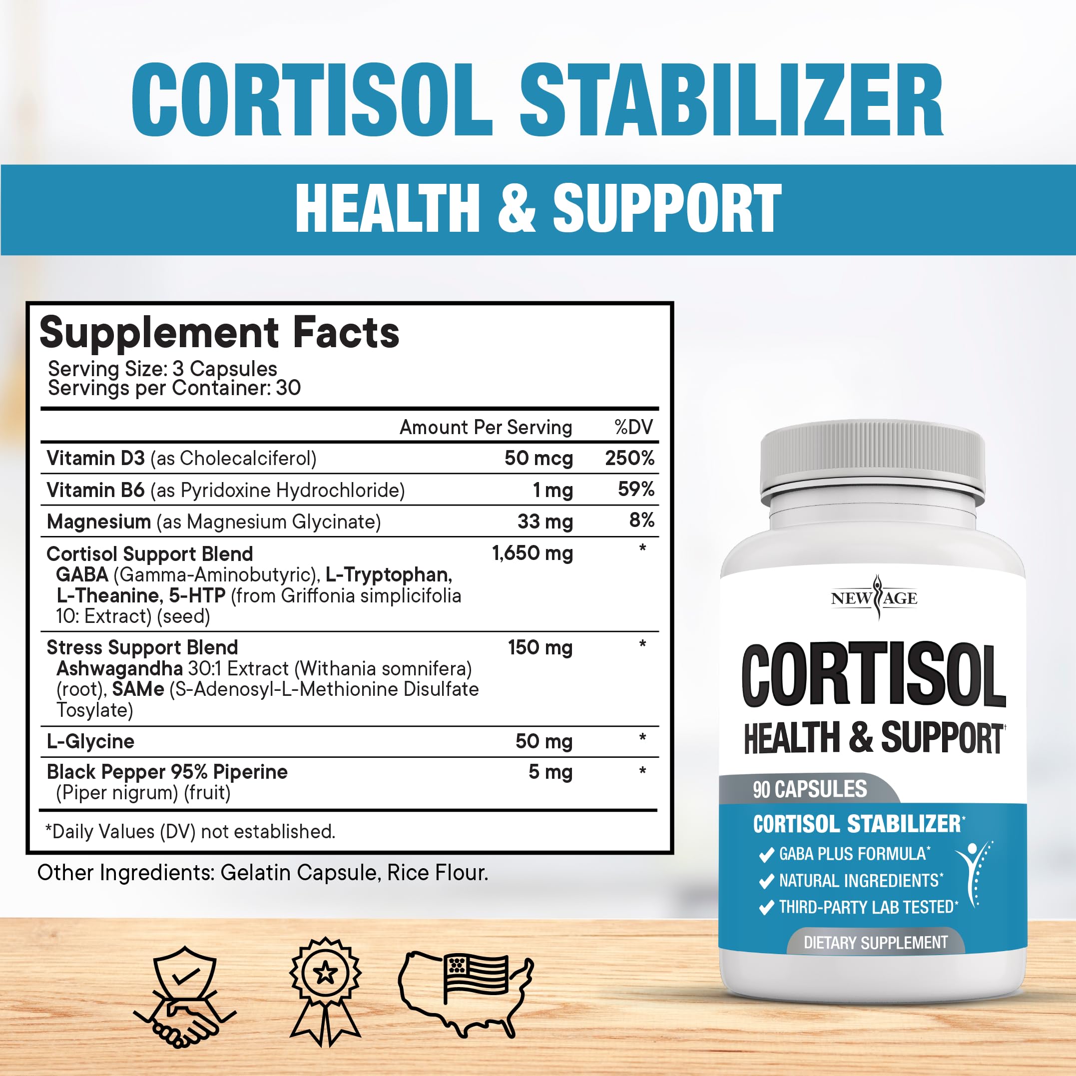 NEW AGE All-in-One Cortisol Support Supplement packaging side view