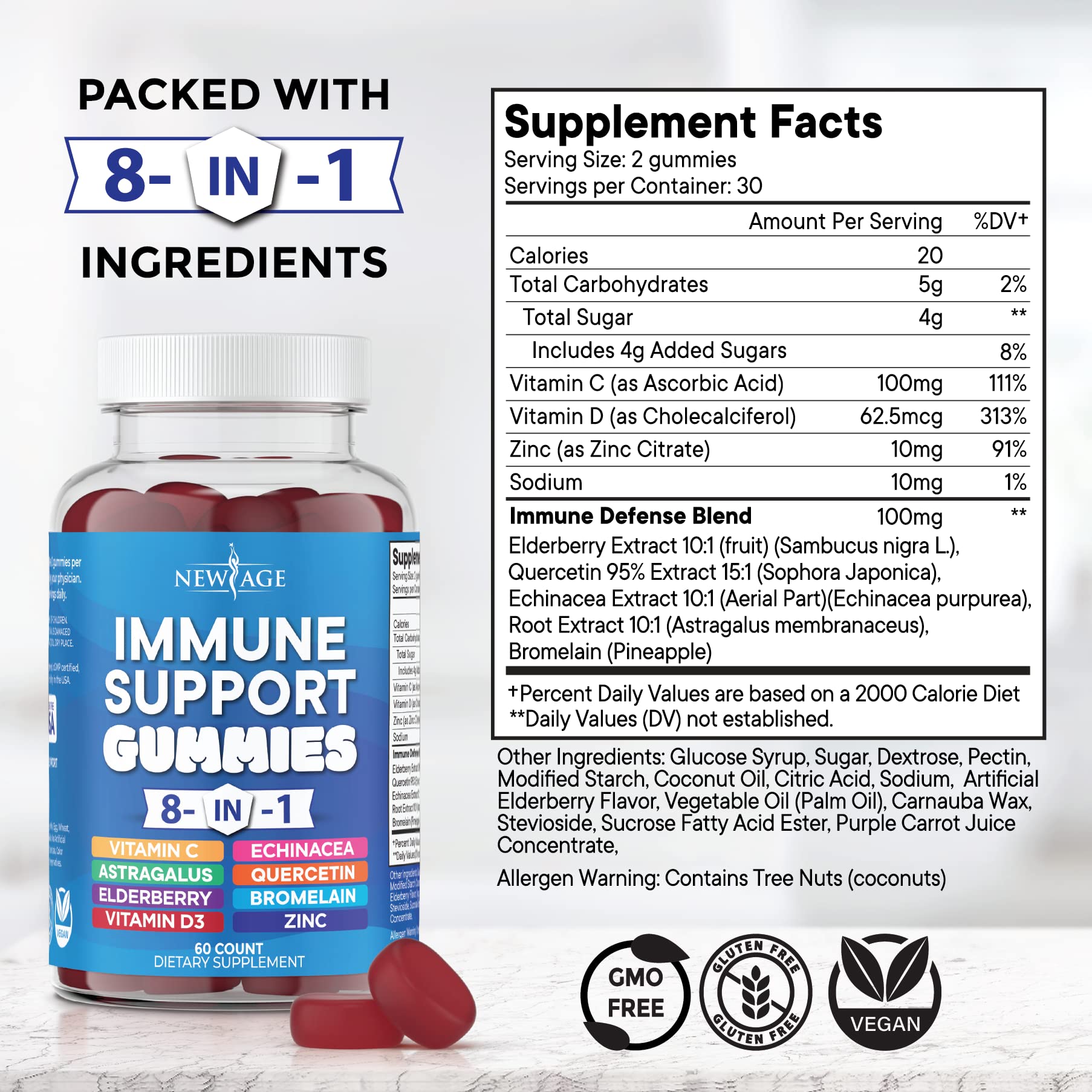 NEW AGE Astragalus Extract Gummies side view showing ingredients