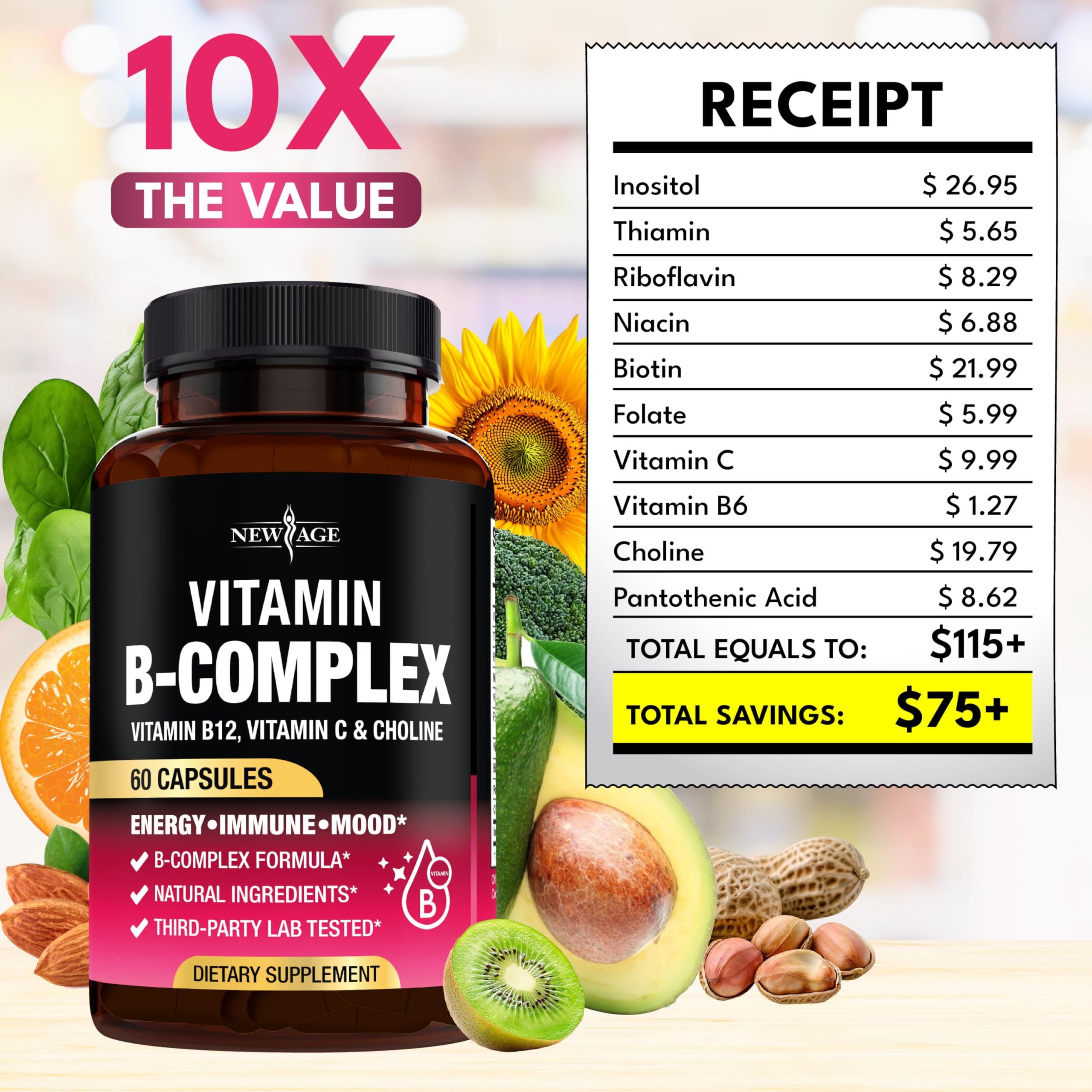 NEW AGE B-Complex Vitamins 255g on a wooden table
