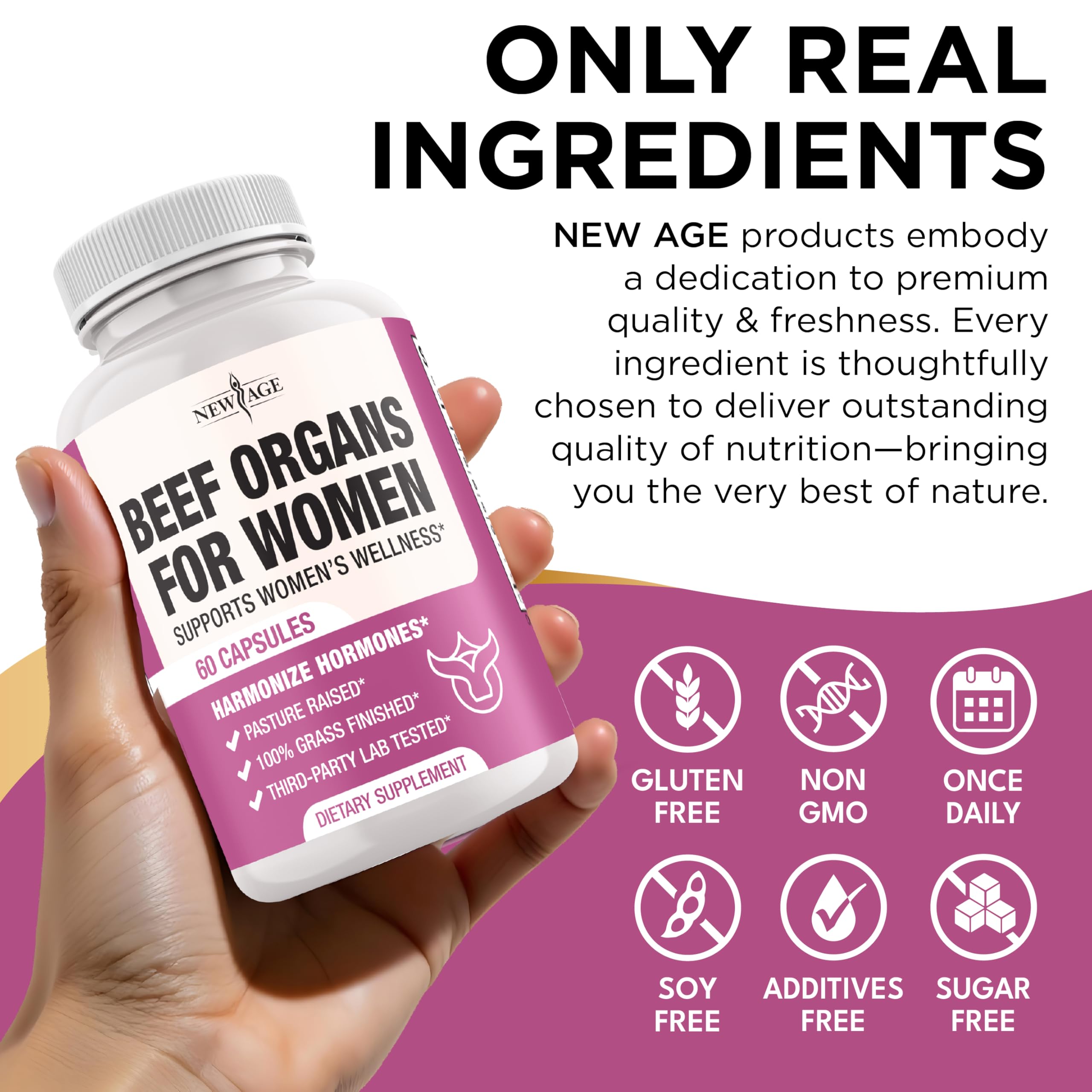 NEW AGE Beef Organ Supplement for Women on a kitchen counter