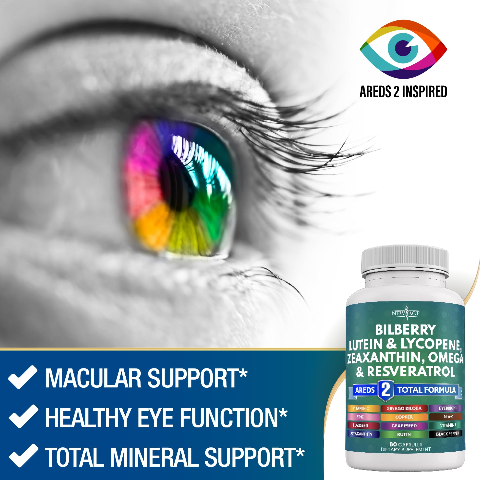 NEW AGE Bilberry Eye Health Supplements ingredients list close-up