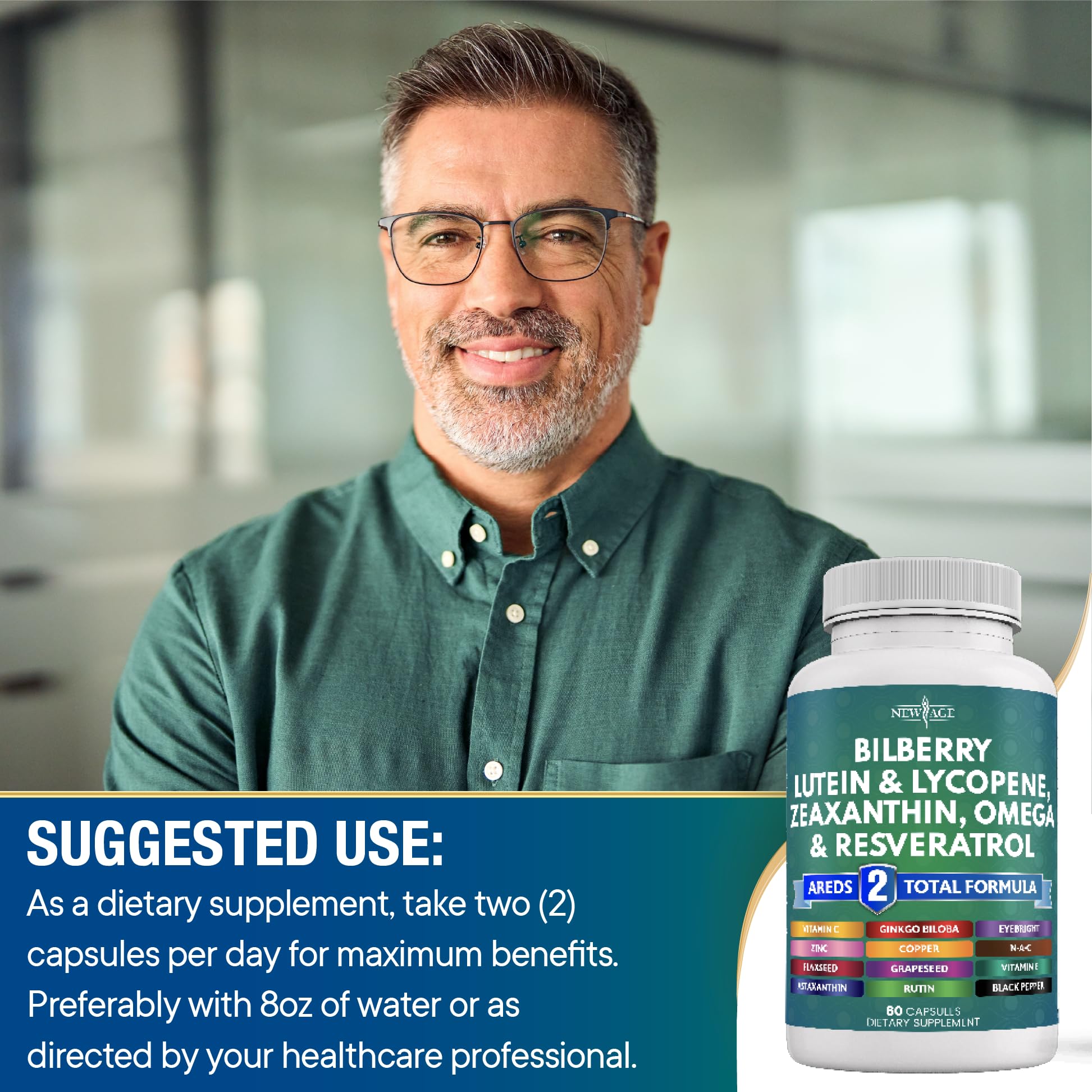 NEW AGE Bilberry Eye Health Supplements with a glass of water