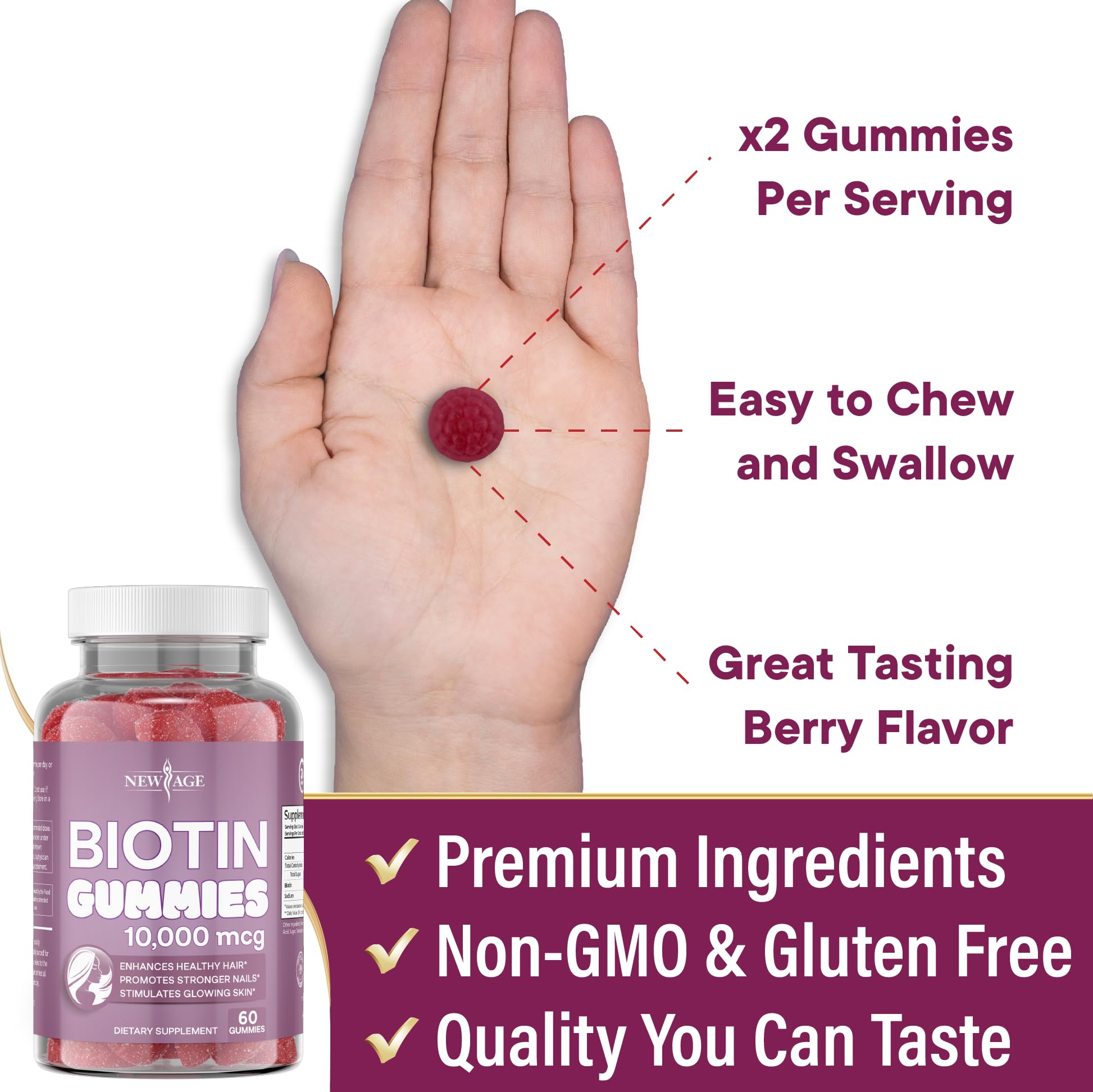 NEW AGE Biotin Gummies bottle with gummies scattered
