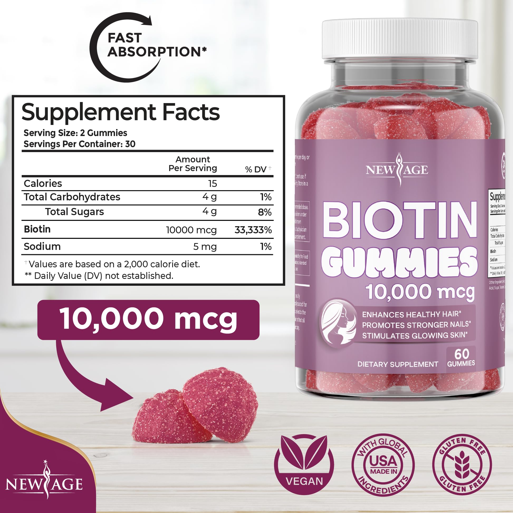 NEW AGE Biotin Gummies natural berry flavour close-up