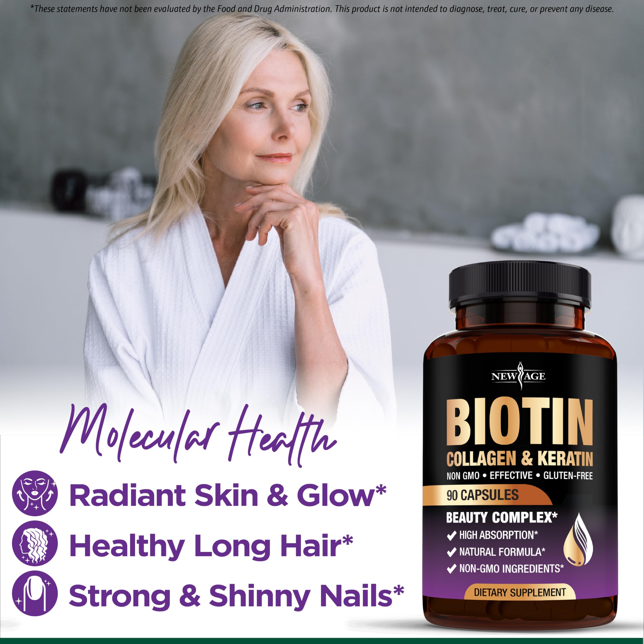 NEW AGE Biotin supplement packaging with nutritional information