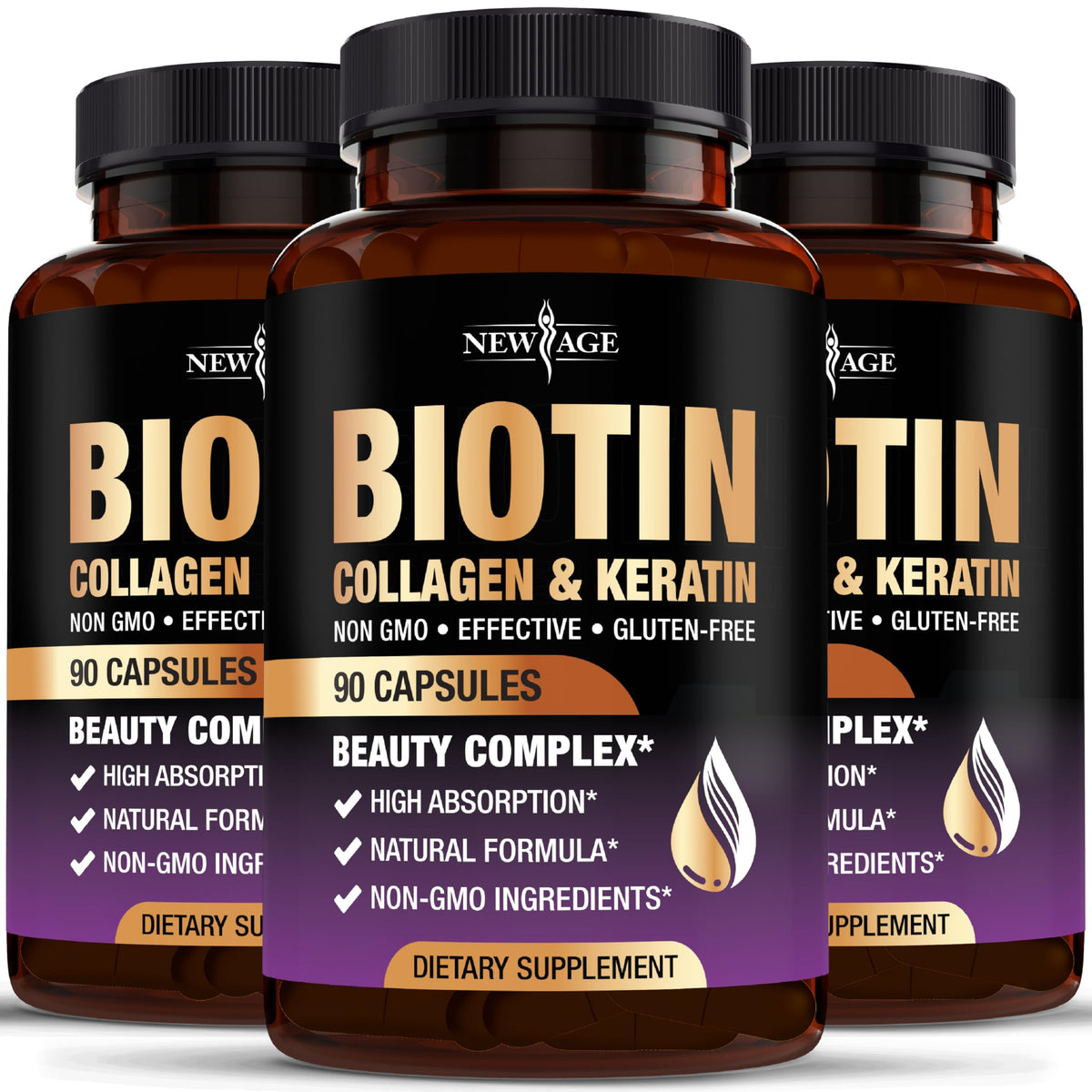 NEW AGE Biotin with Hyaluronic Acid, Collagen & Keratin supplement front view