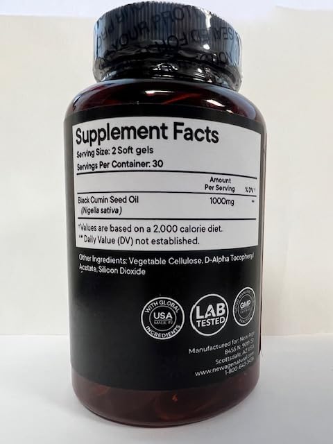 NEW AGE Black Seed Oil 1000 mg supplement capsules close-up