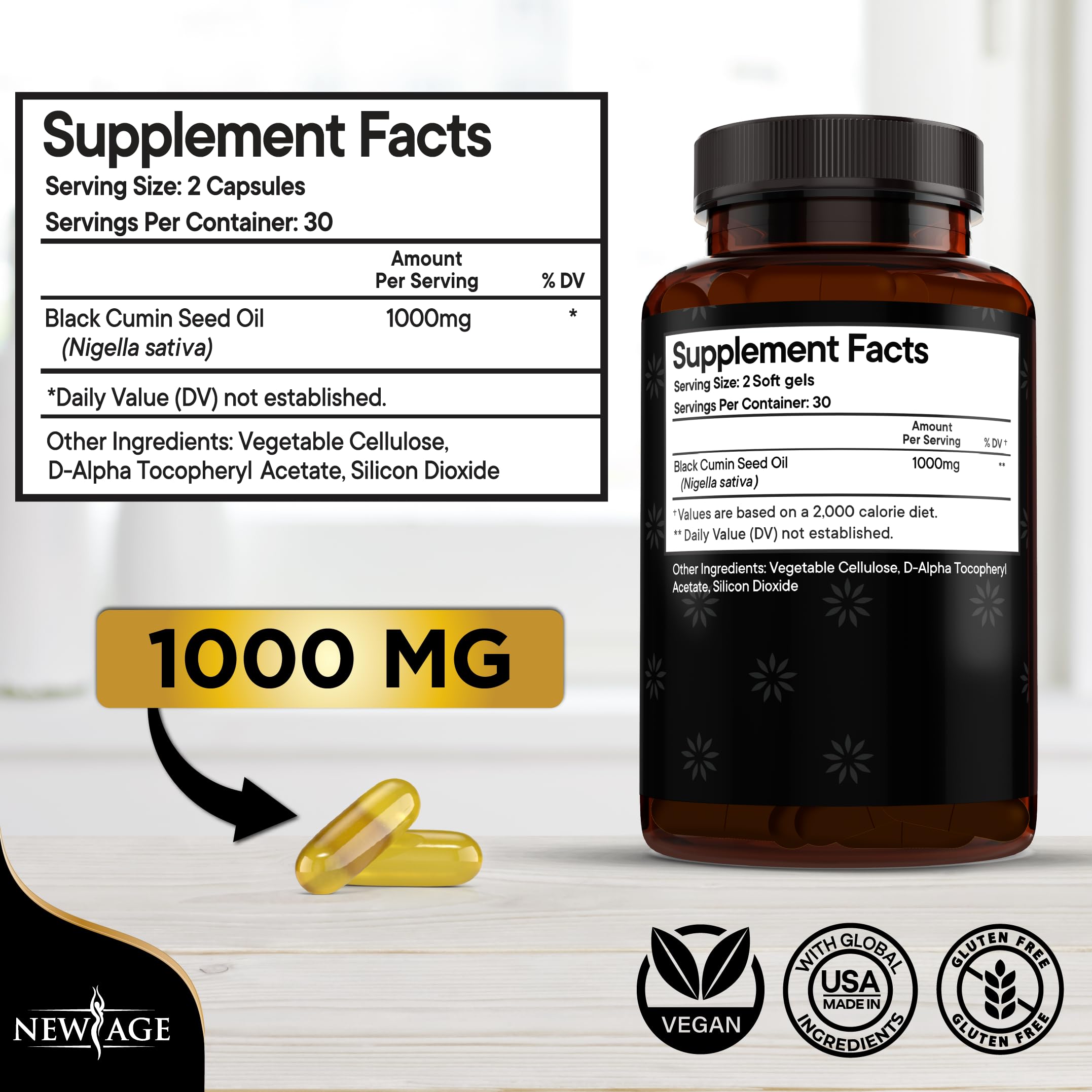 NEW AGE Black Seed Oil 1000mg capsule bottle side view