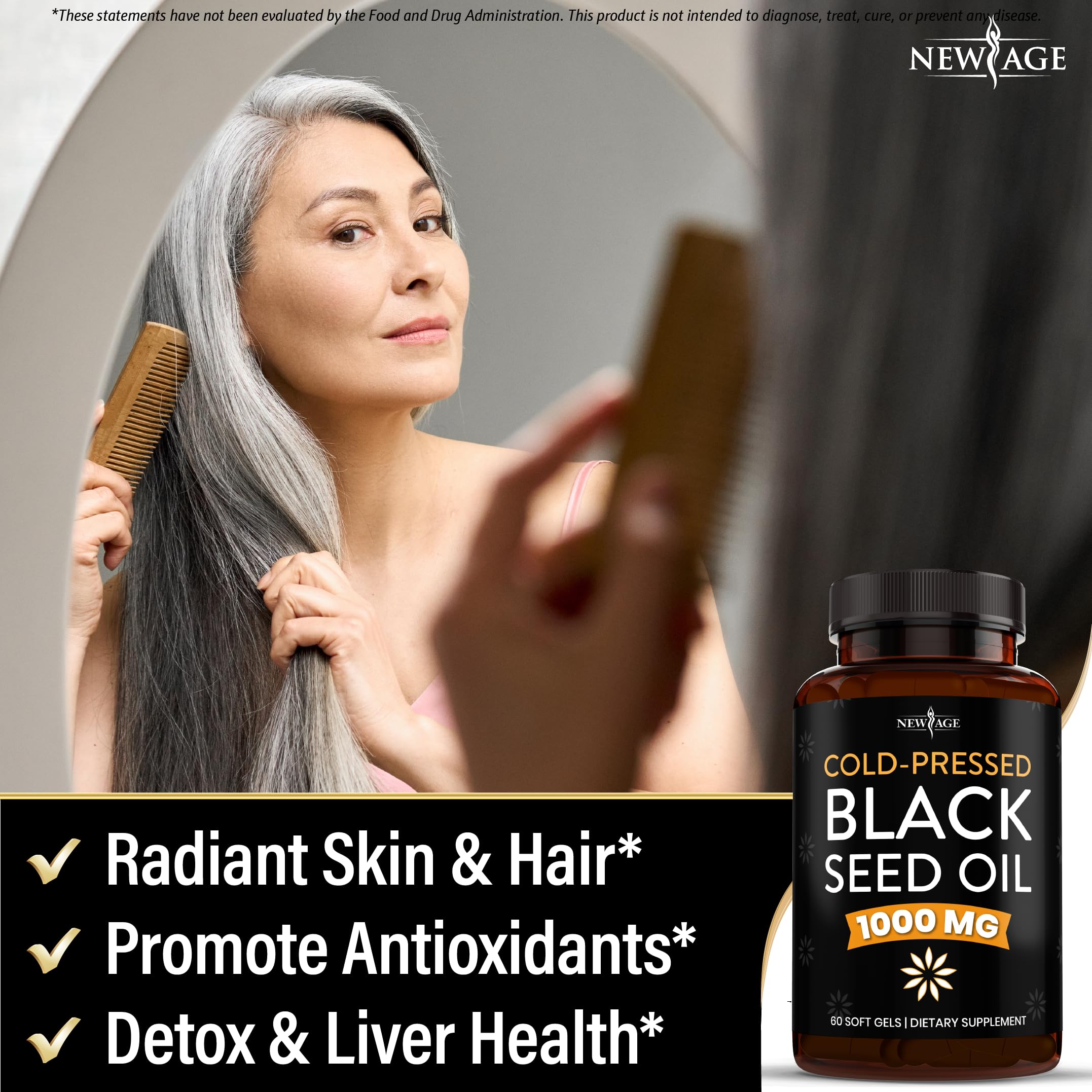 NEW AGE Black Seed Oil 1000mg capsules on a wooden table