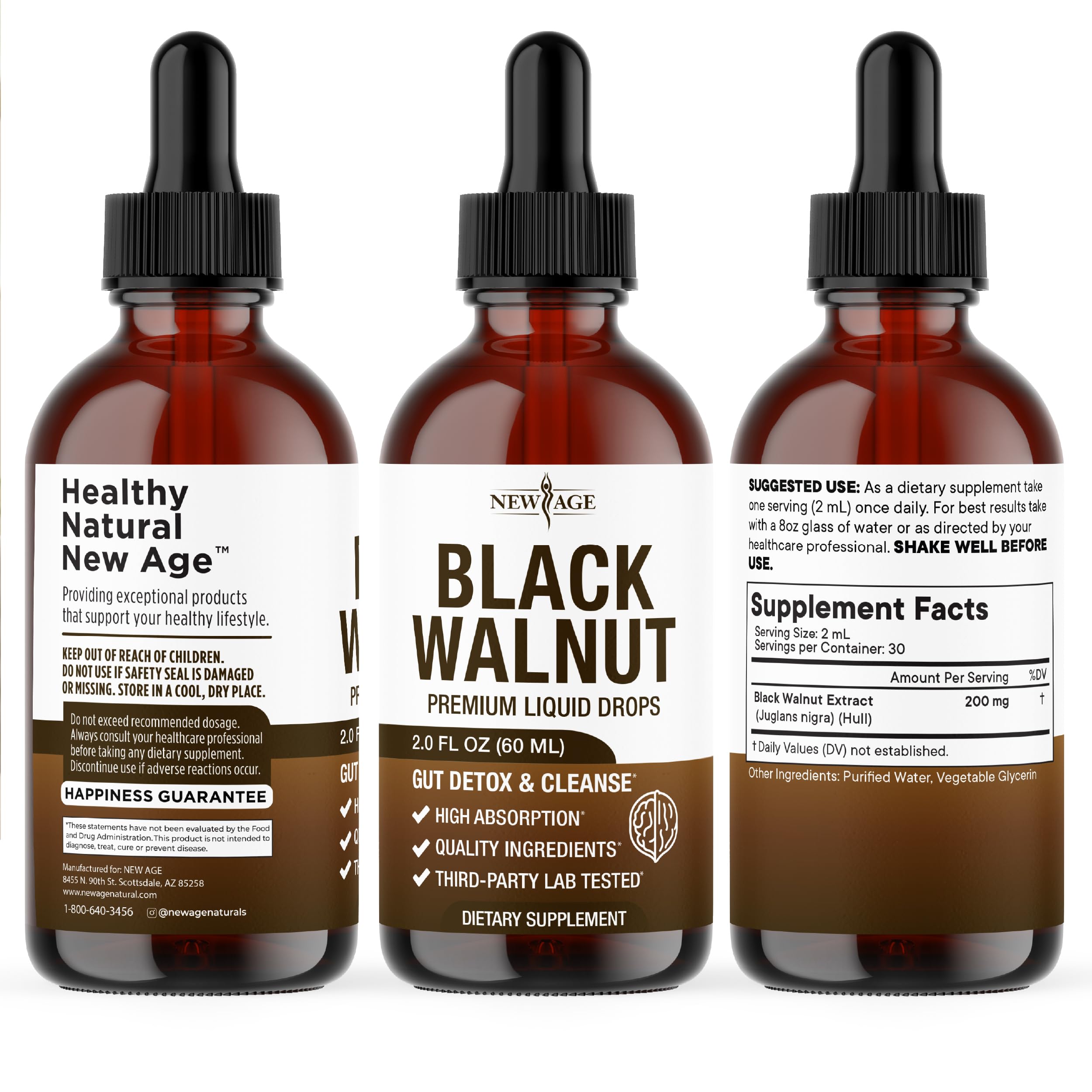 NEW AGE Black Walnut Drops displayed with other herbal supplements