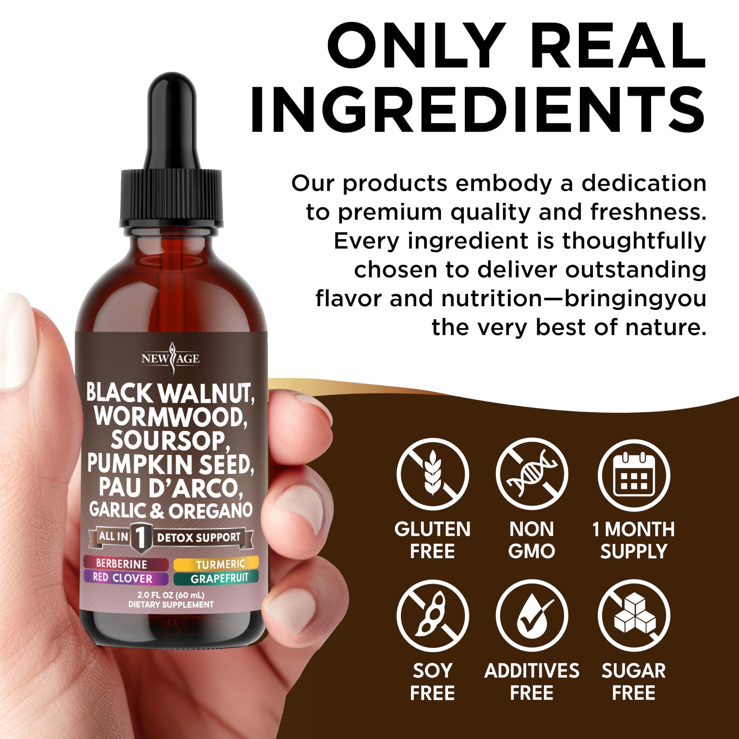 NEW AGE Black Walnut Wormwood Complex Liquid Droppers on a countertop