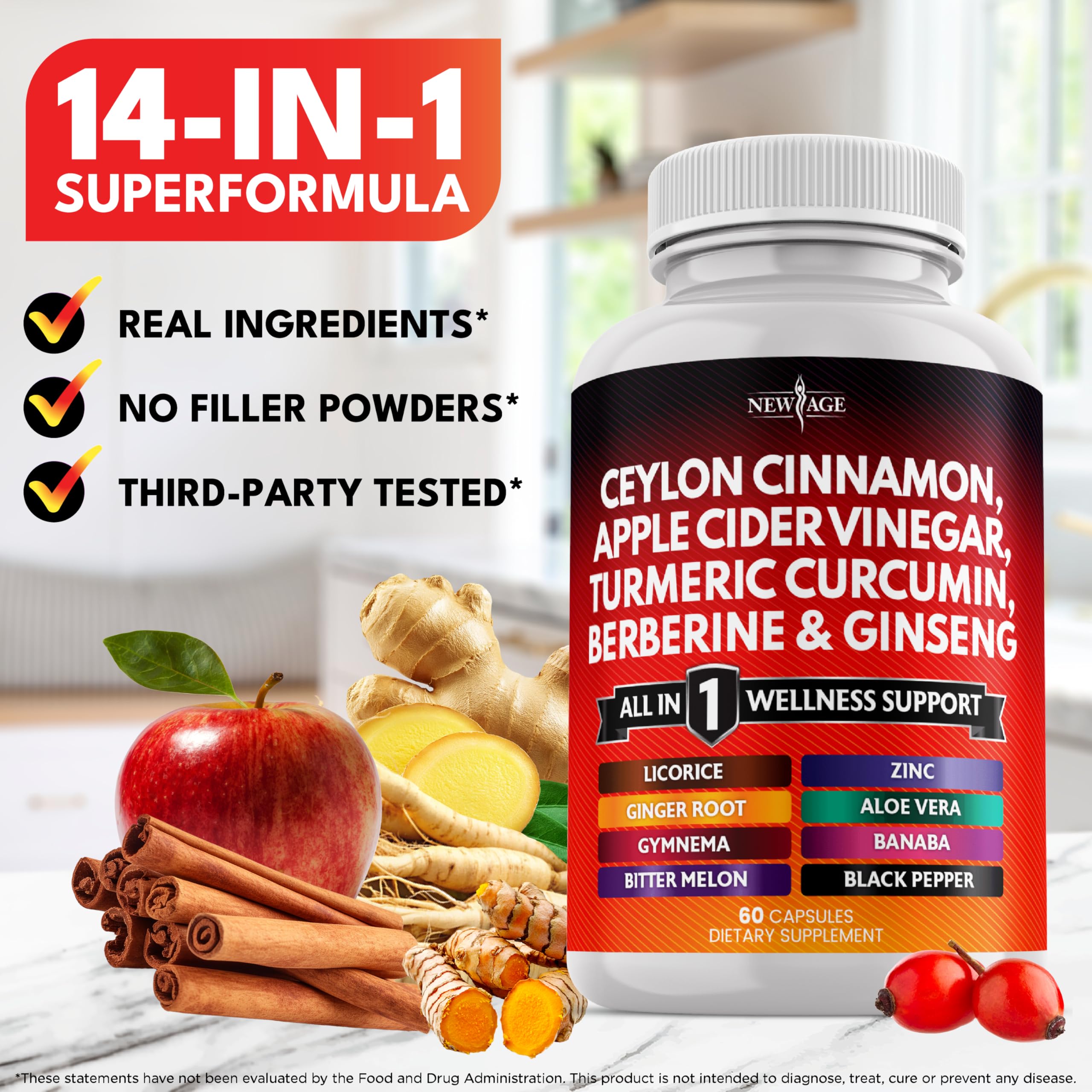 NEW AGE Ceylon Cinnamon & ACV Supplement on a kitchen counter