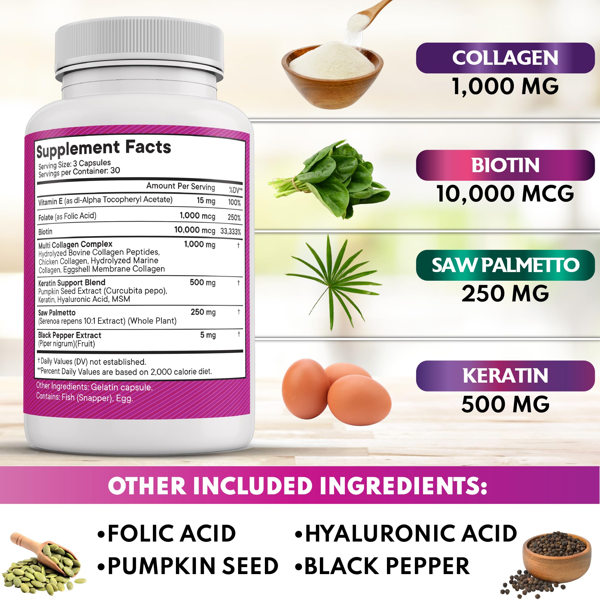 NEW AGE Collagen Capsules with keratin support on a wooden table