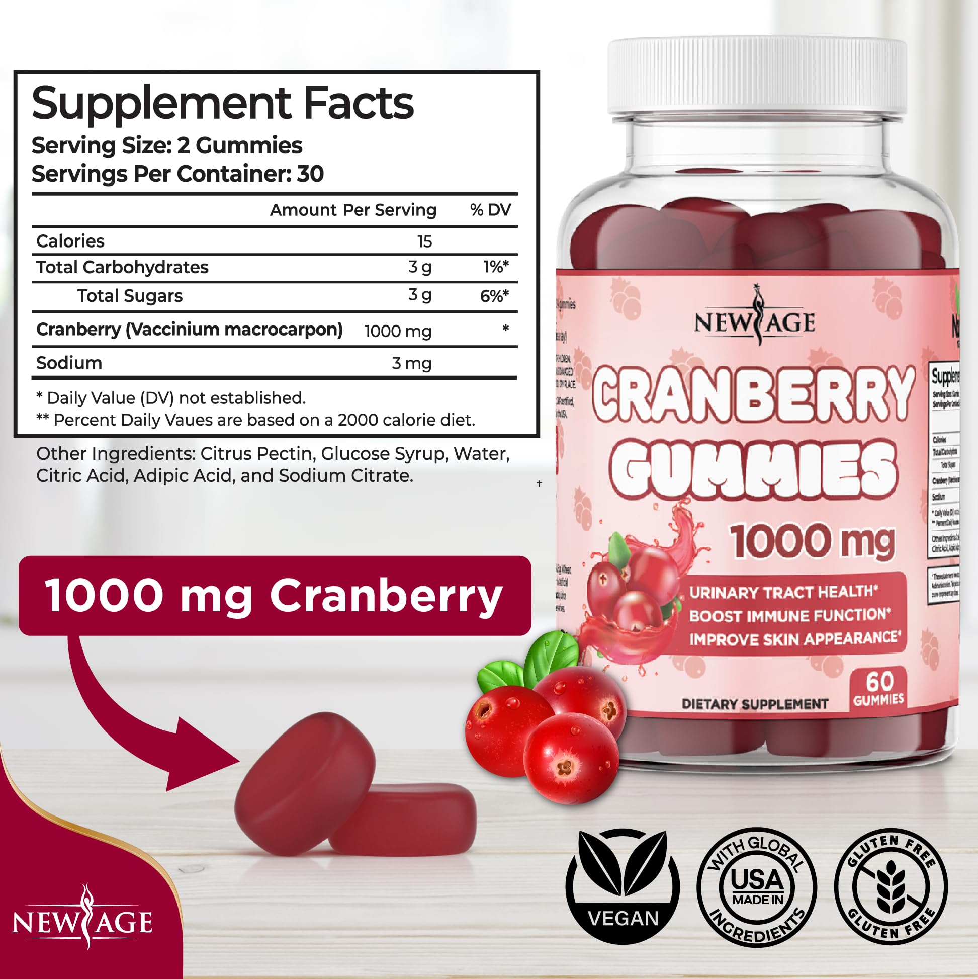 NEW AGE Cranberry Gummies 1000mg side view showing gummy texture