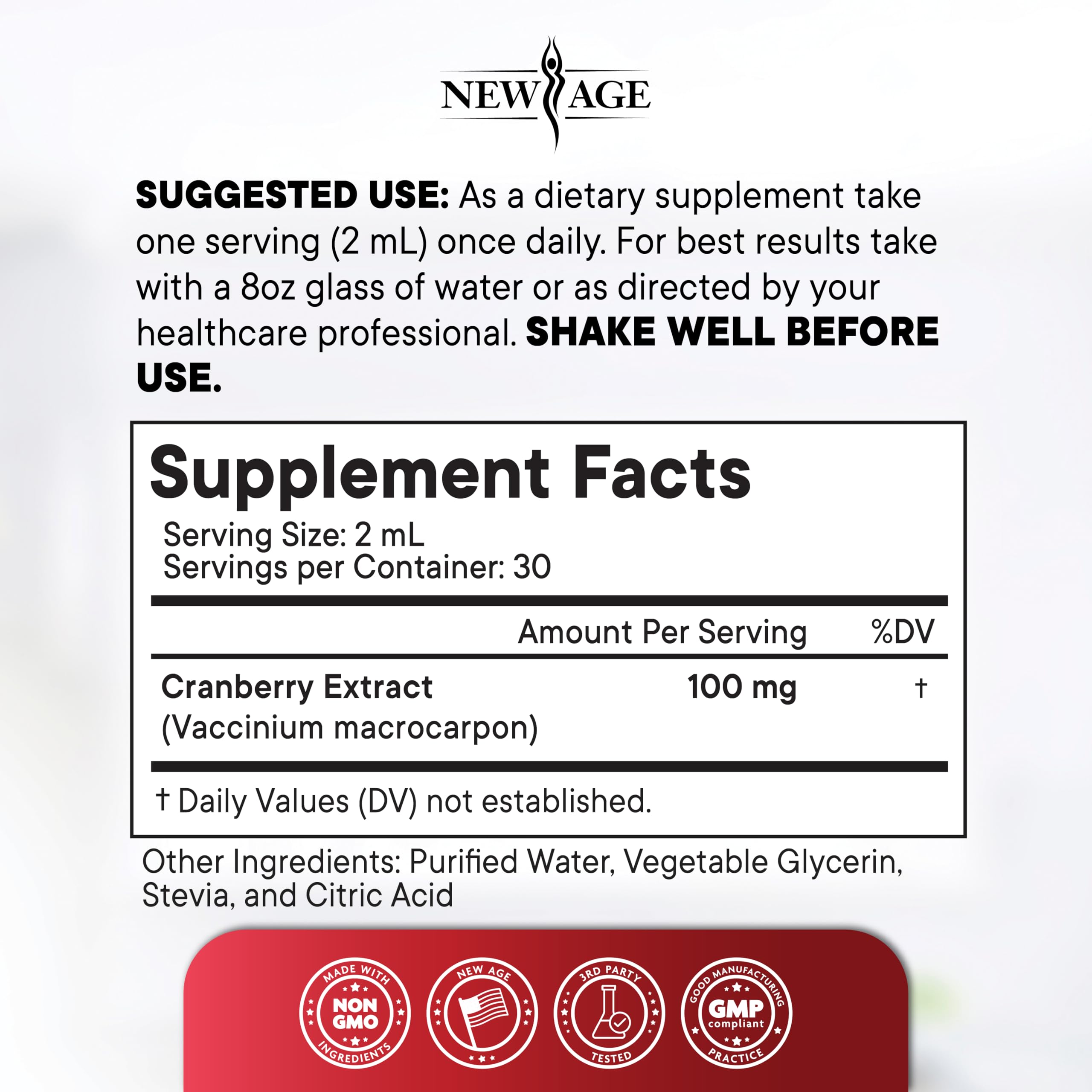 NEW AGE Cranberry Liquid Drops with a glass of water