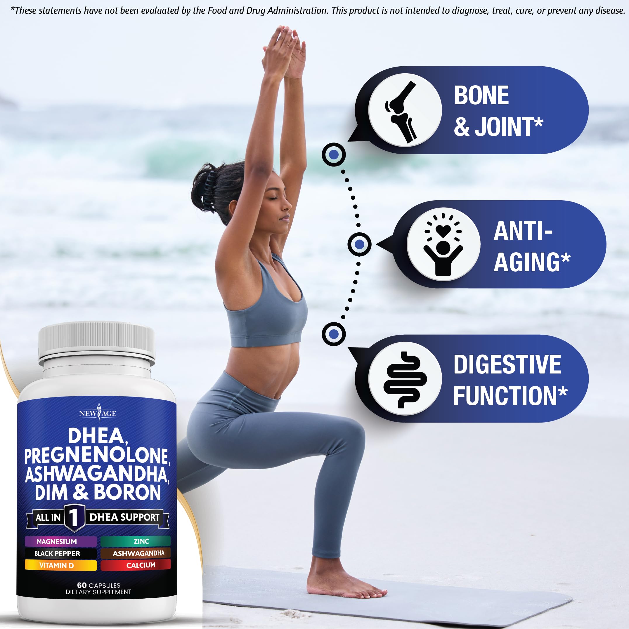 NEW AGE DHEA Supplement Capsules with broccoli background