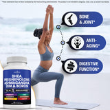 NEW AGE DHEA Supplement Capsules with broccoli background