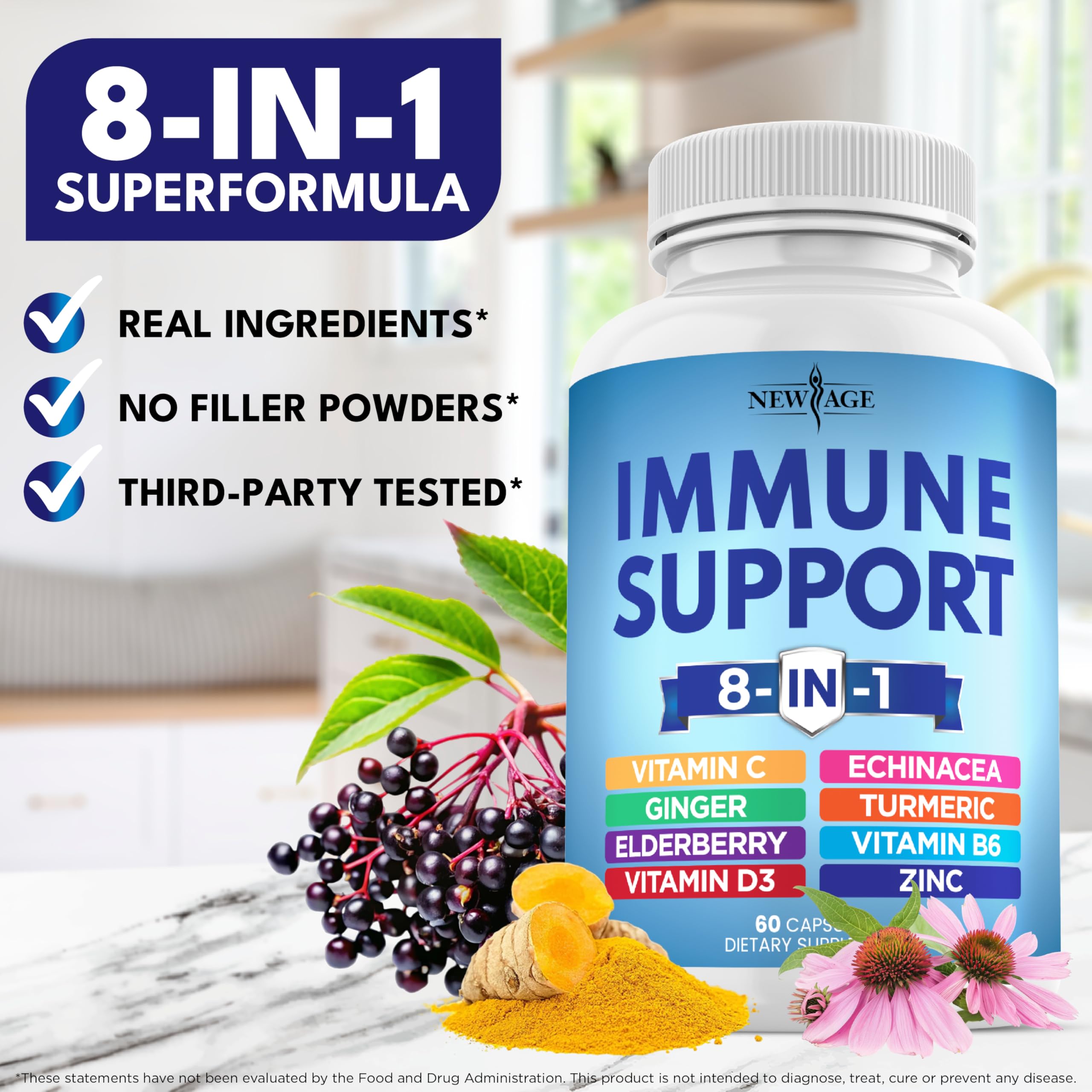 NEW AGE Echinacea daily wellness Support Capsules in a kitchen setting