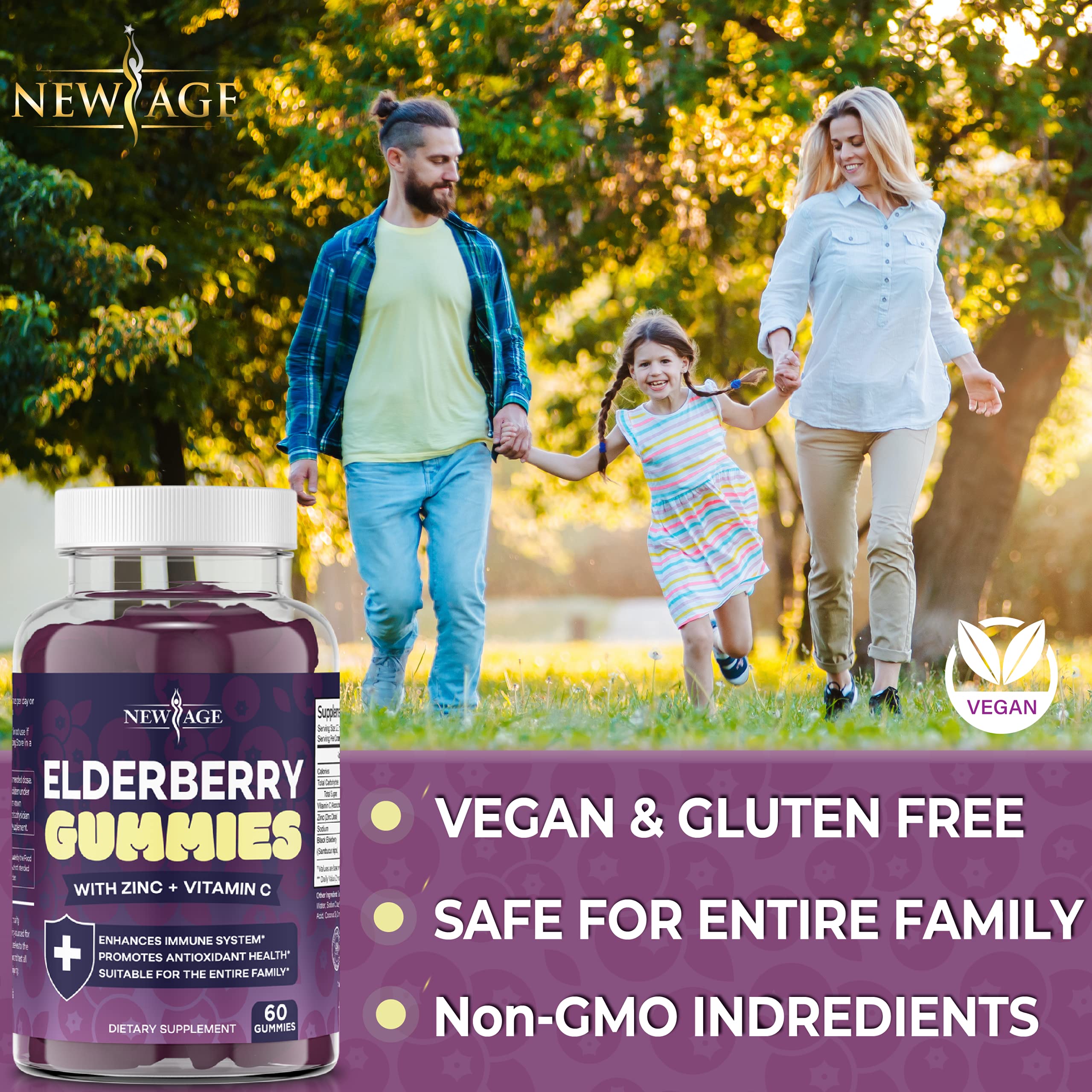 NEW AGE Elderberry Gummies ingredients list on packaging