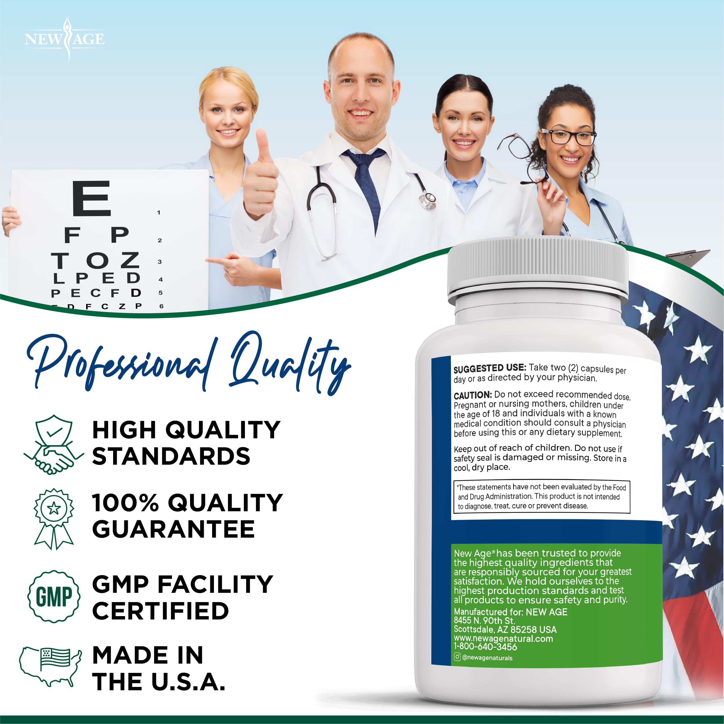 NEW AGE Eye Health Supplements bottle with a healthy lifestyle background